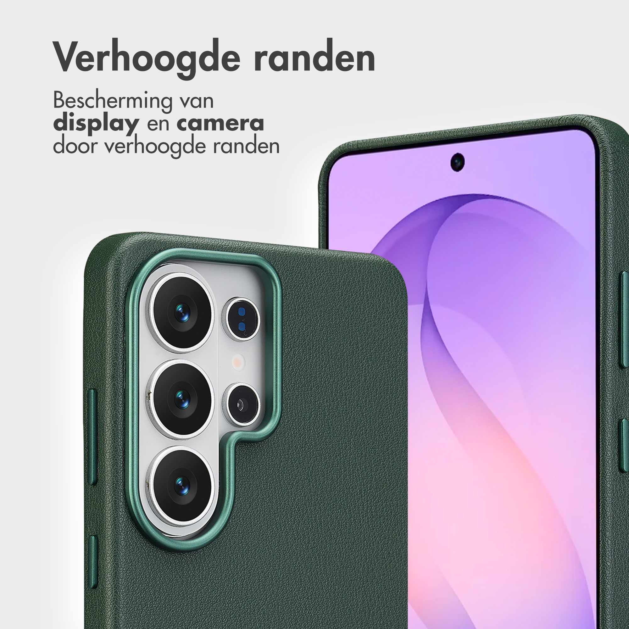 Donkergroene telefoonhoes met camera-uitsparing en paars display.