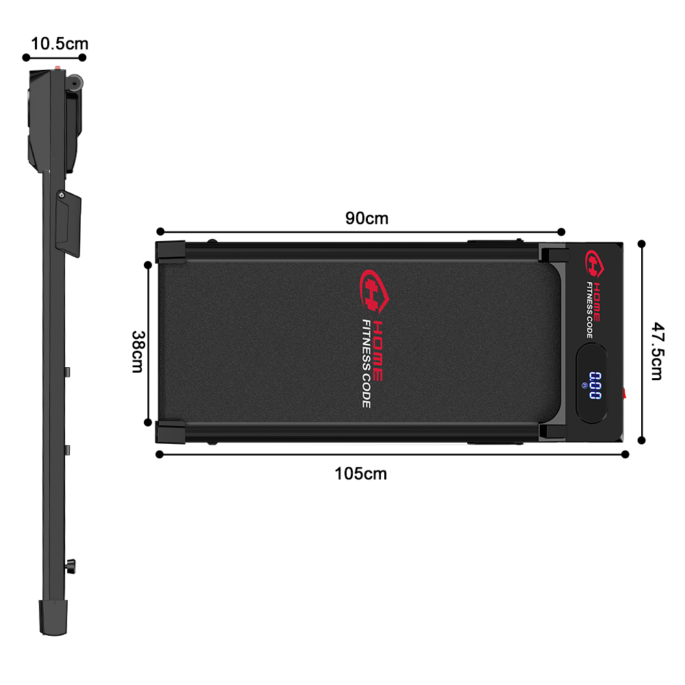 Czarna bieżnia z wymiarami i logo.