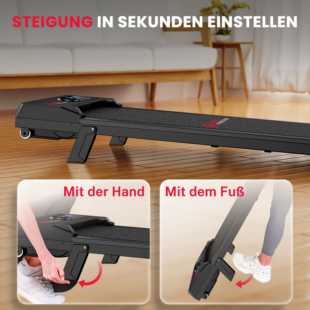 Czarna bieżnia pokazana z dwoma trybami regulacji: ręcznym i nożnym.