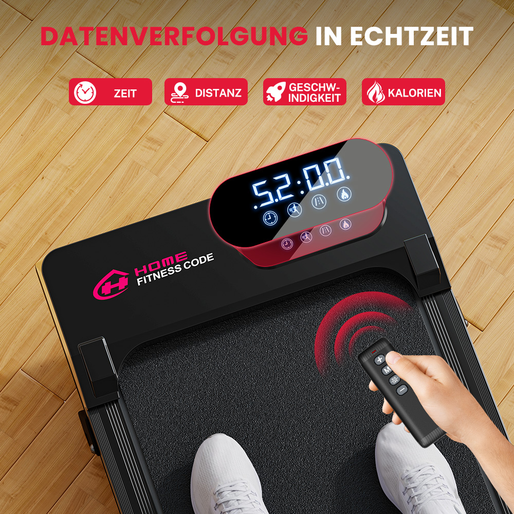 Bieżnia z pilotem i cyfrowym wyświetlaczem pokazującym czas, dystans, prędkość i kalorie.