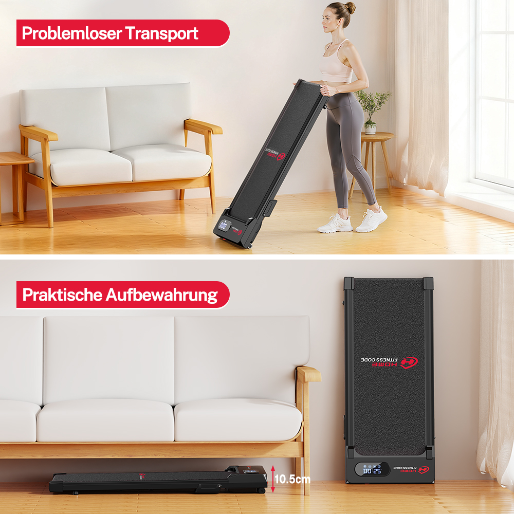 Kobieta przenosi składaną bieżnię obok sofy. Na dole: bieżnia płasko pod sofą.