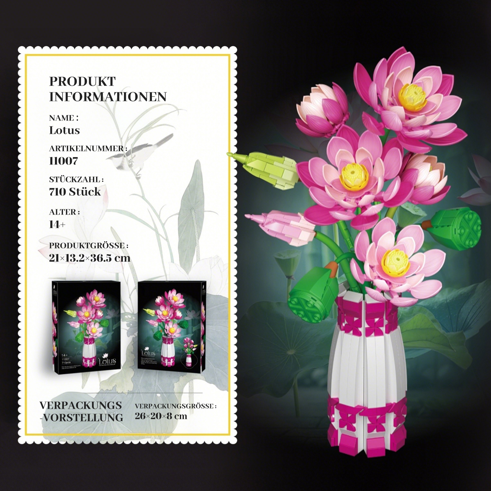 Ein Lego-Bausatz mit rosa Lotusblumen in einer weißen Vase mit pinken Akzenten.