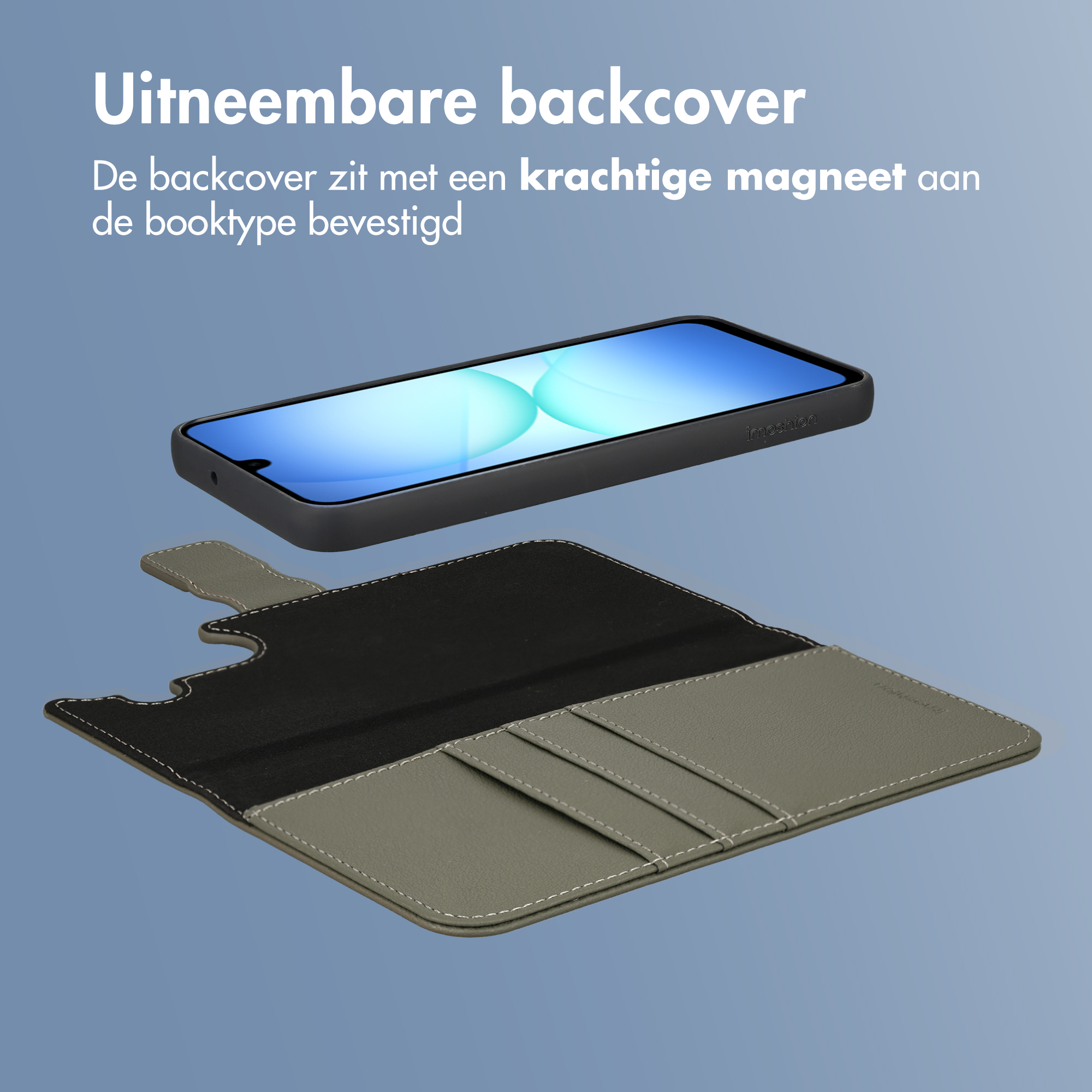 Afneembare telefoonhoes met magnetische sluiting, toont telefoon en hoes.
