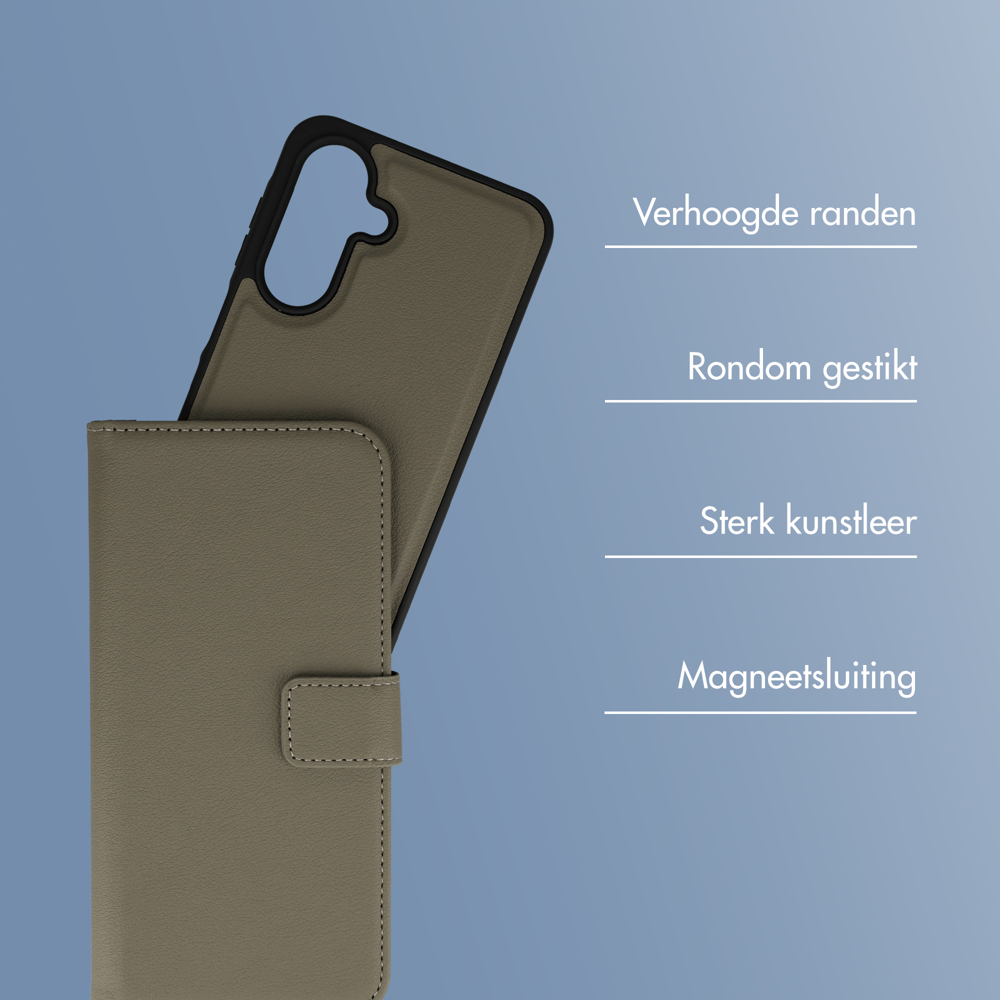 Een beige telefoonhoes met magneetsluiting en stiksels.