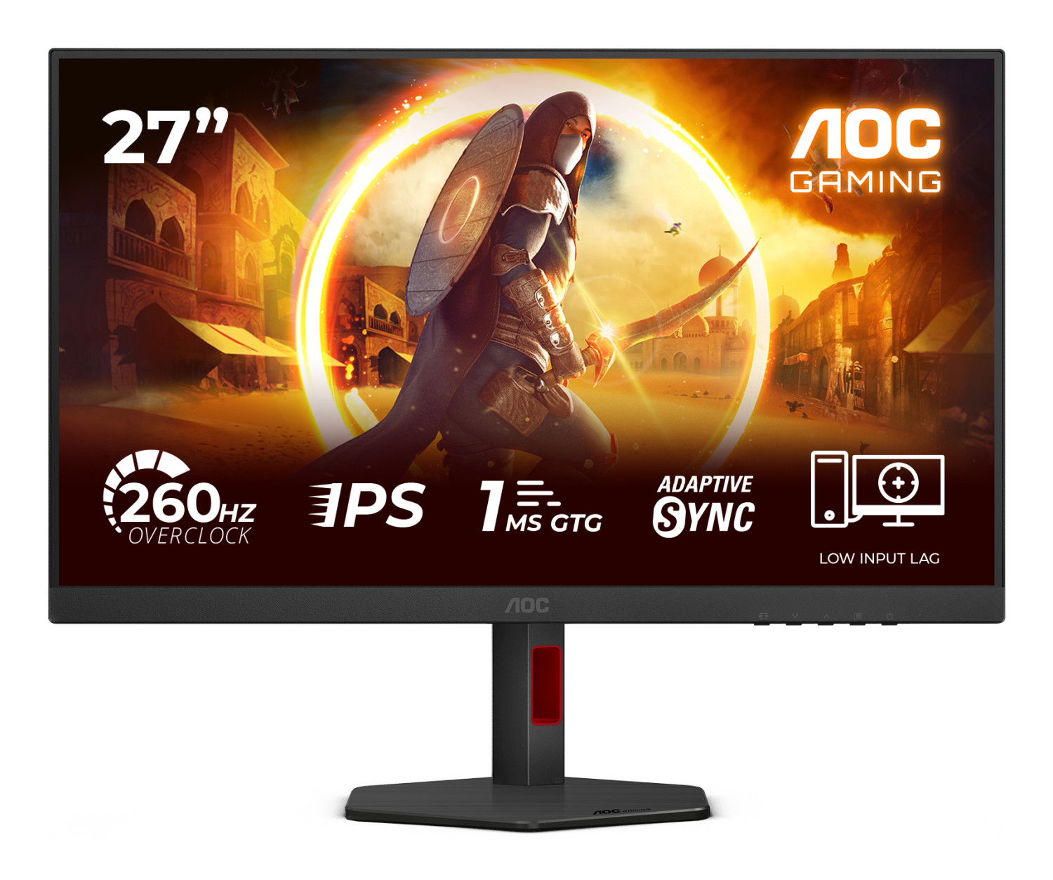Een 27-inch gamingmonitor toont een krijger en oosterse gebouwen.