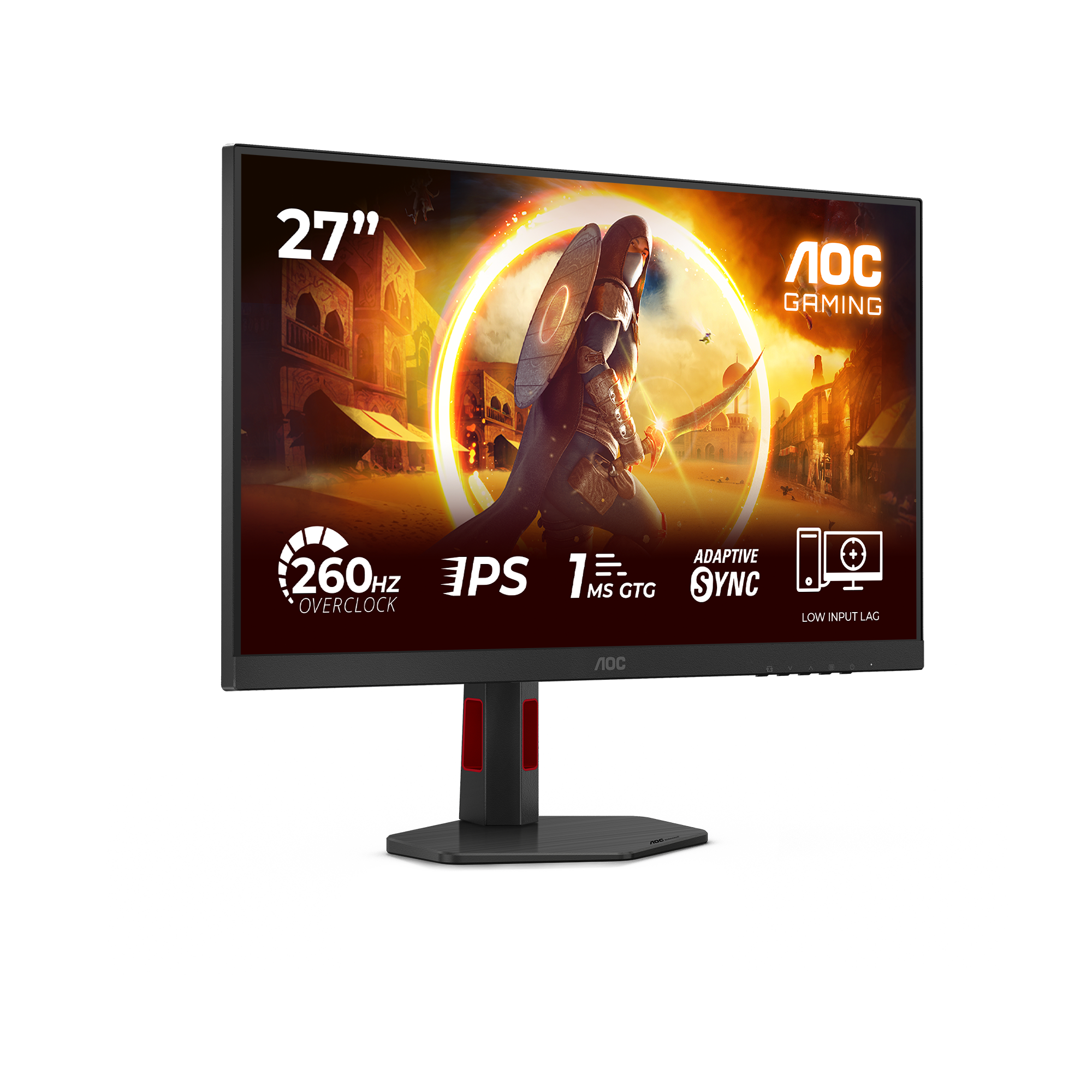 27-inch AOC Gaming Monitor met game-scène en specificaties.
