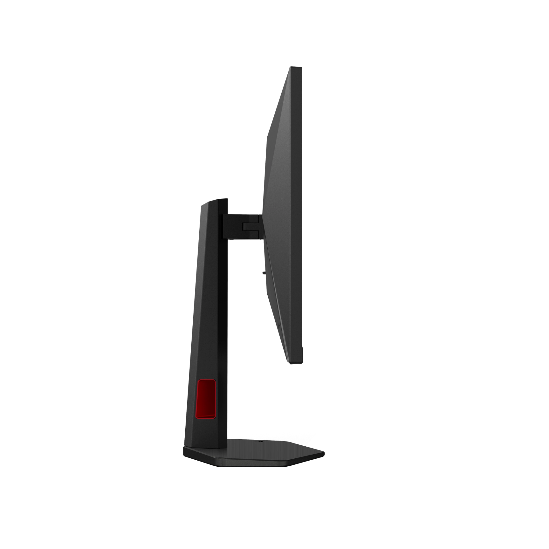 Grijze monitor met rode accent op standaard, van opzij gezien.