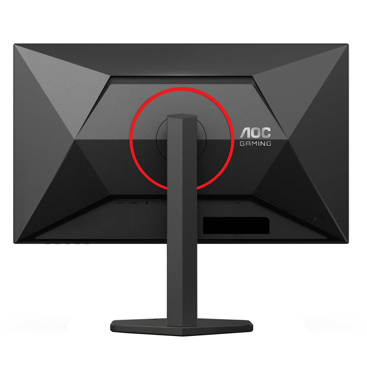 Achterkant van een zwarte AOC Gaming monitor met poorten, logo en standaardbevestiging.