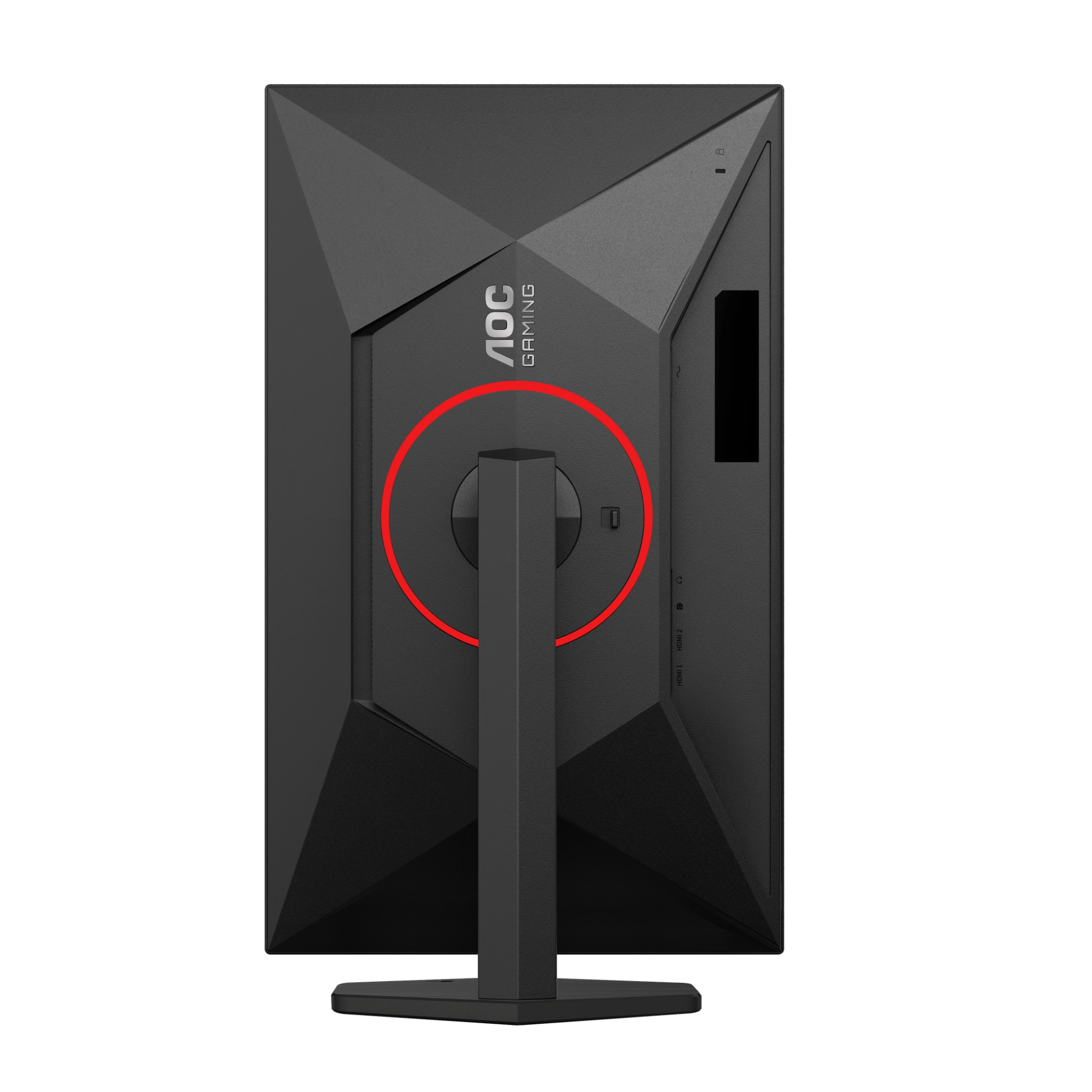 Achterkant van een zwarte AOC Gaming monitor met een rode cirkel rond de joystick.