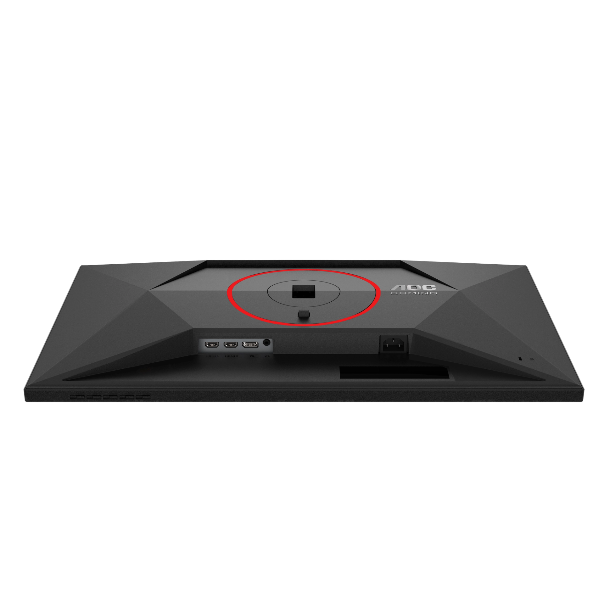 Achterkant van een zwarte monitor met poorten en AOC Gaming logo.