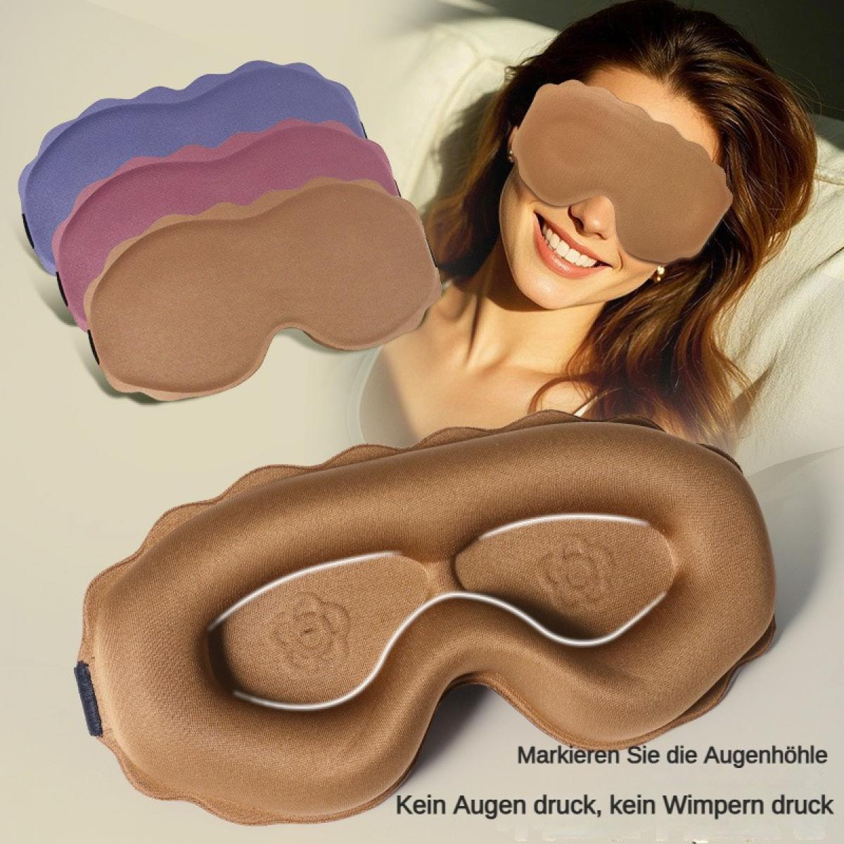 Eine Frau mit Schlafmaske lächelt. Mehrere Schlafmasken liegen vorne.