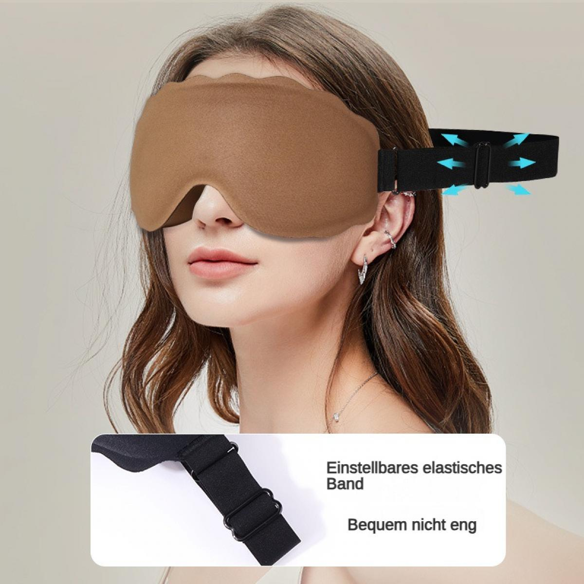 Frau mit brauner Schlafmaske und verstellbarem Band, die Belüftung zeigt.