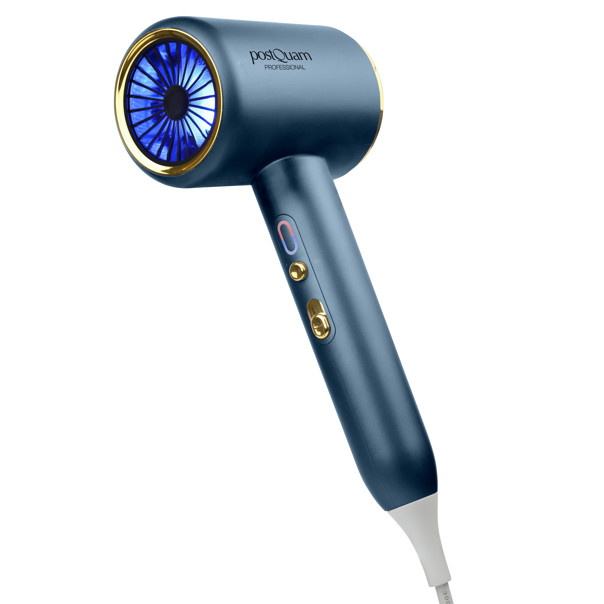 Niebieska suszarka do włosów ze złotymi akcentami i niebieskim wentylatorem.