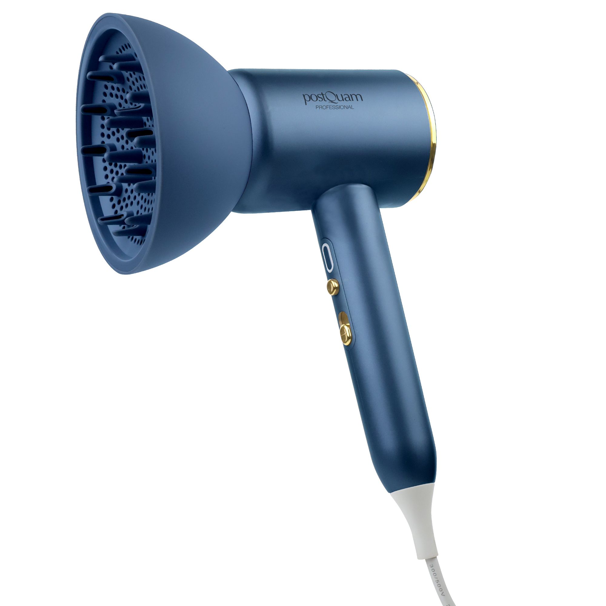 Niebieska suszarka do włosów z dyfuzorem i złotymi akcentami.