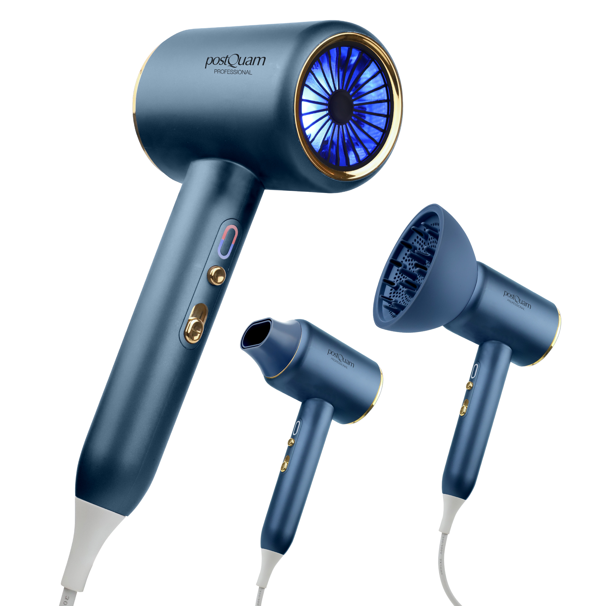 Trzy niebieskie suszarki do włosów ze złotymi akcentami i dyfuzorami na białym tle.