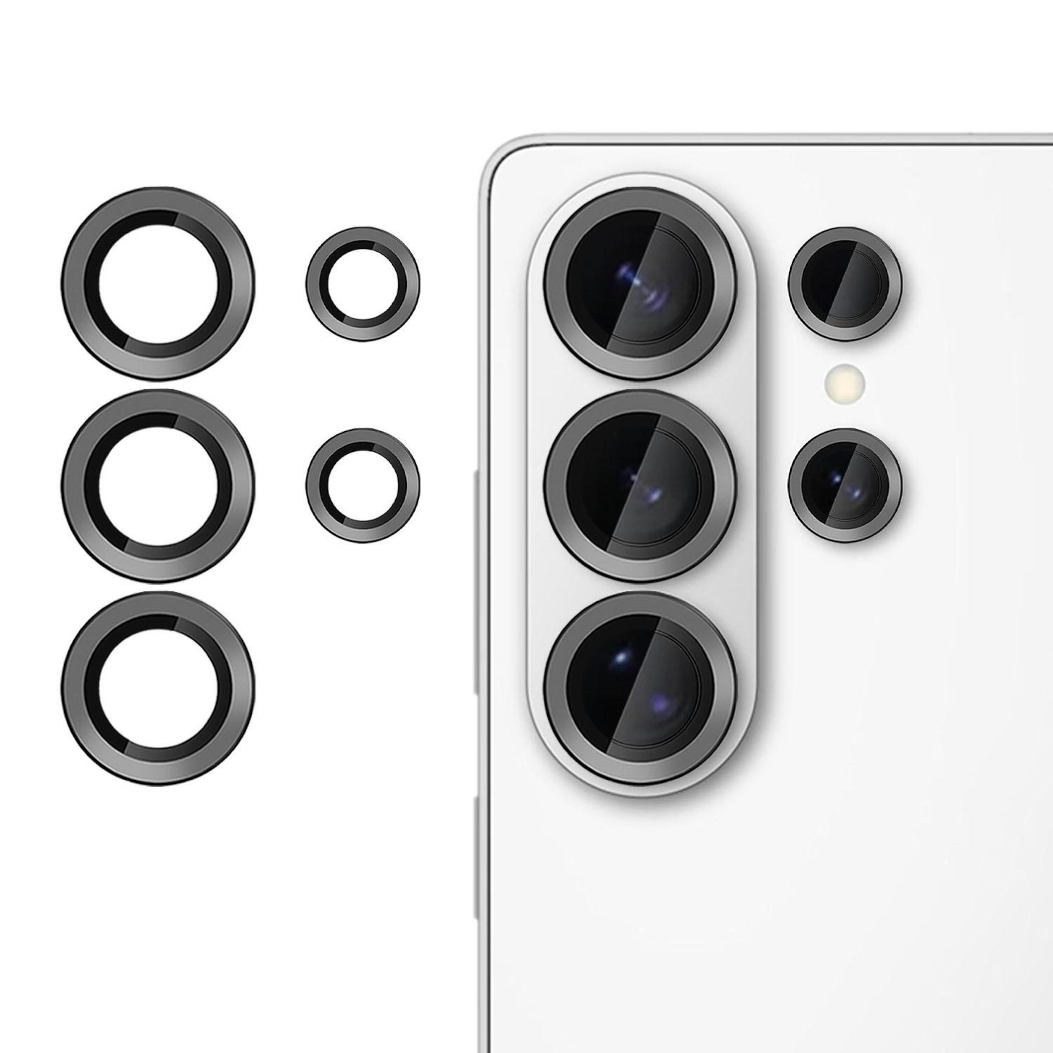 Anelli neri di protezione per fotocamera e retro bianco del telefono con quattro fotocamere.