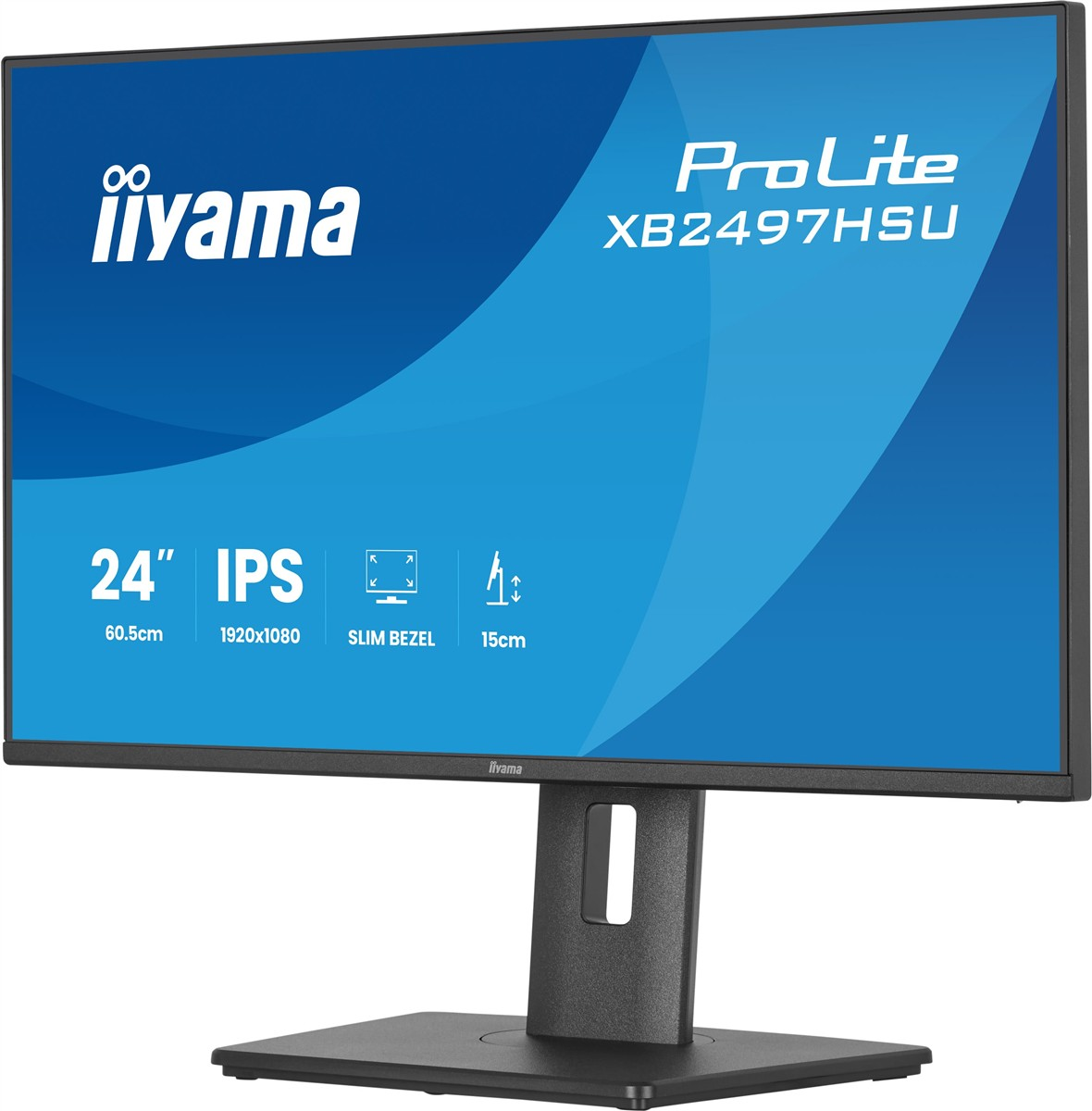 Czarny monitor Iiyama z 24-calowym ekranem IPS, rozdzielczością 1920x1080 i cienką ramką.
