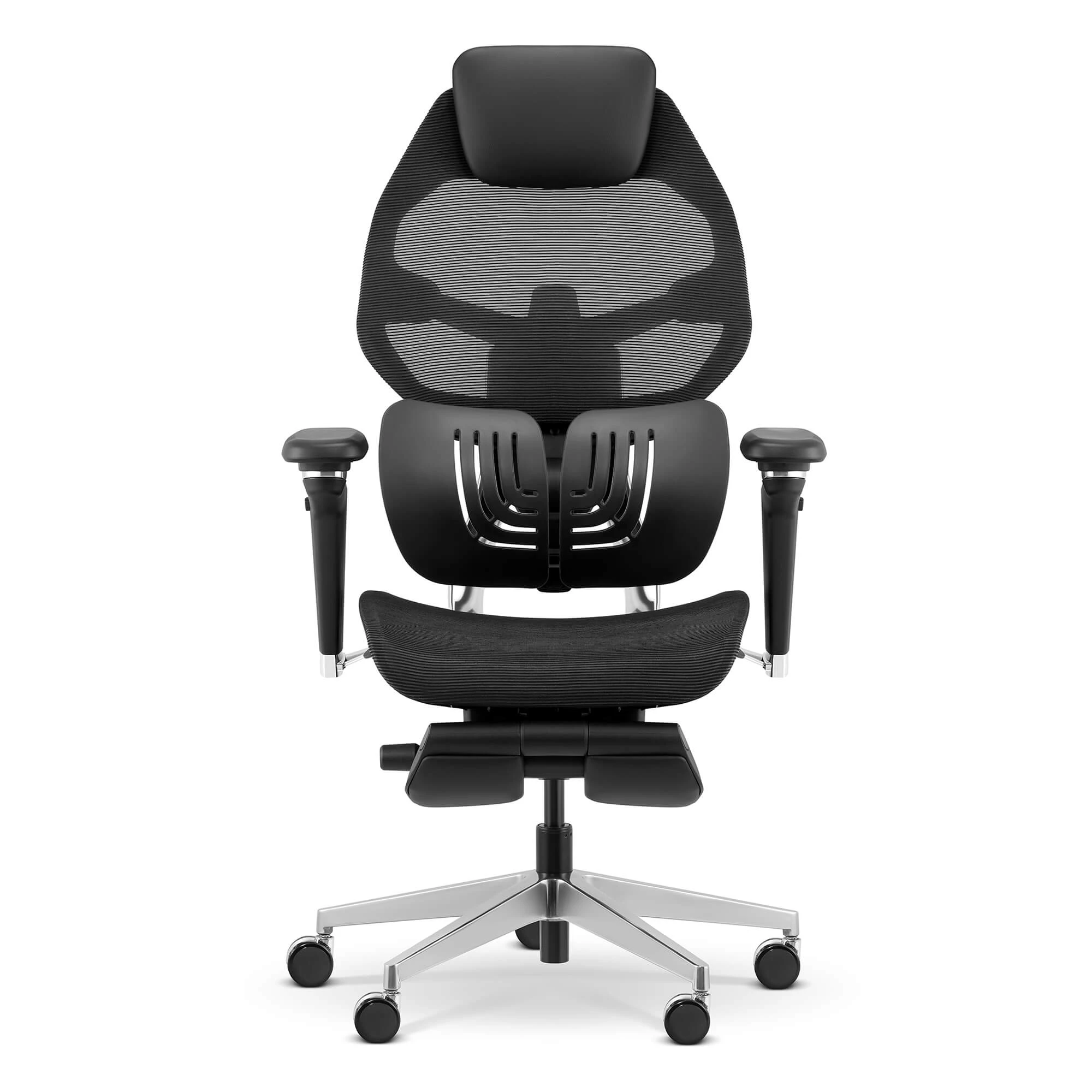 Czarny ergonomiczny fotel biurowy z siatkowym oparciem i regulowanymi podłokietnikami.