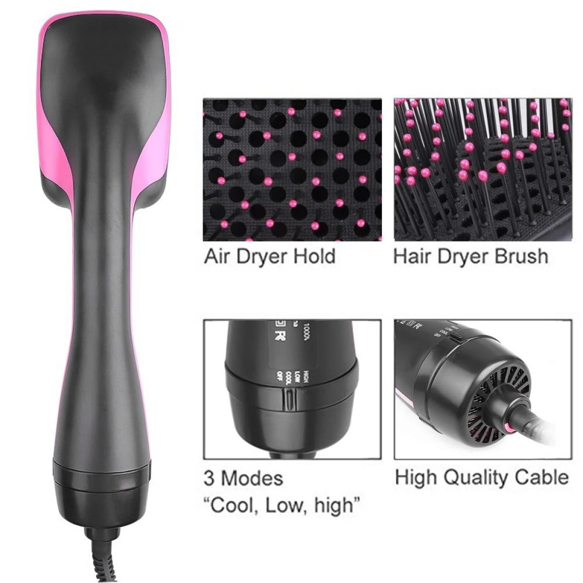 Ein rosa und schwarzer Haartrockner mit Bürstenaufsatz und Bedienelementen.