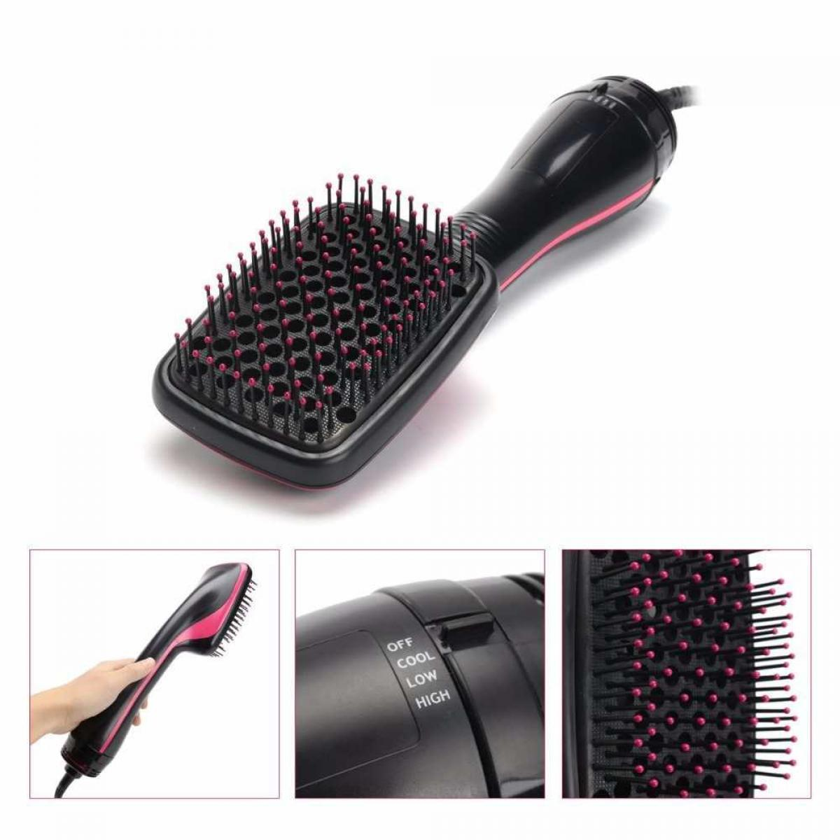 Ein schwarz-pinker Haartrocknerbürste mit Borsten. Er hat Einstellungen für Aus, Kalt, Niedrig und Hoch.