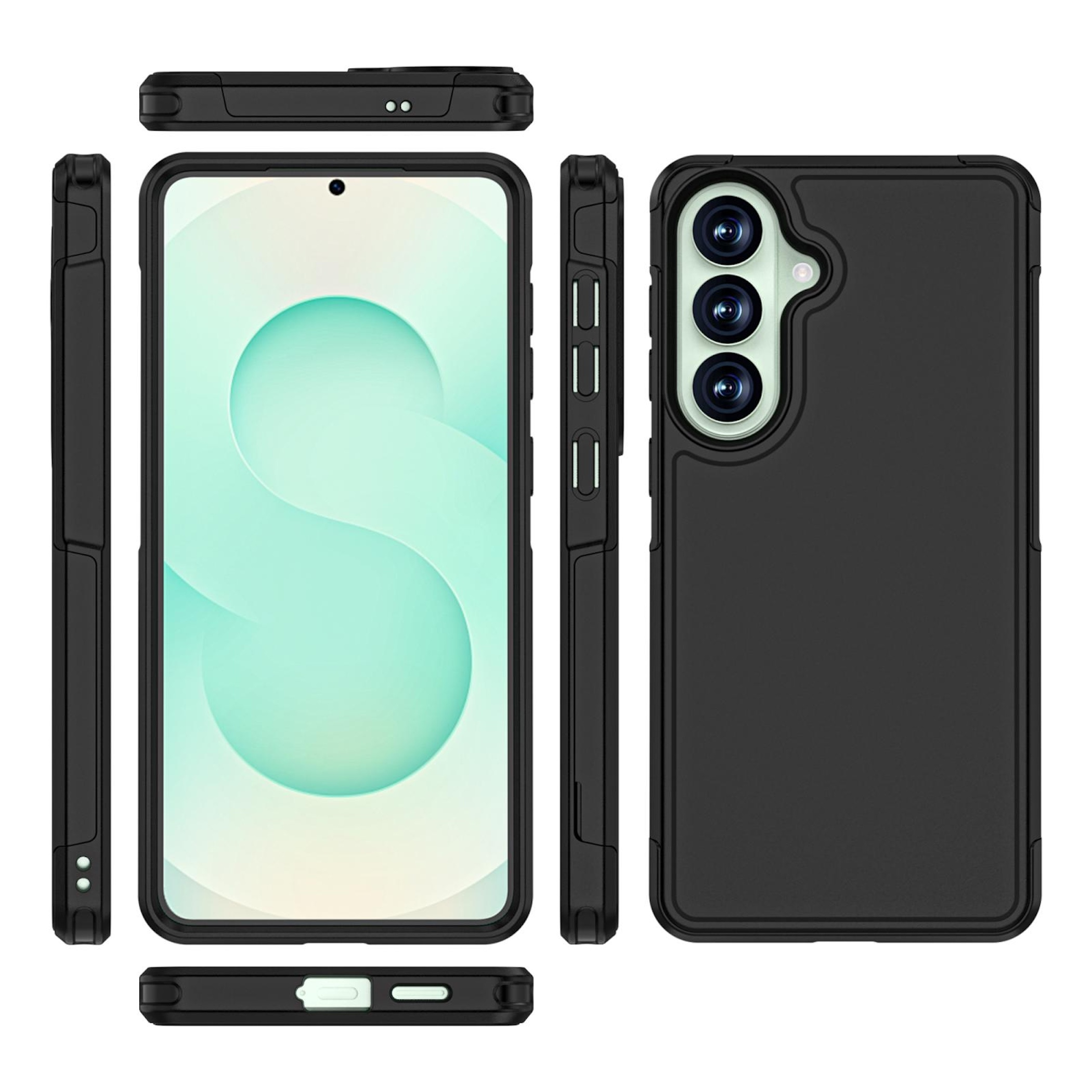 Schwarzes Handy mit drei Kameras und Schutzhülle, verschiedene Ansichten.
