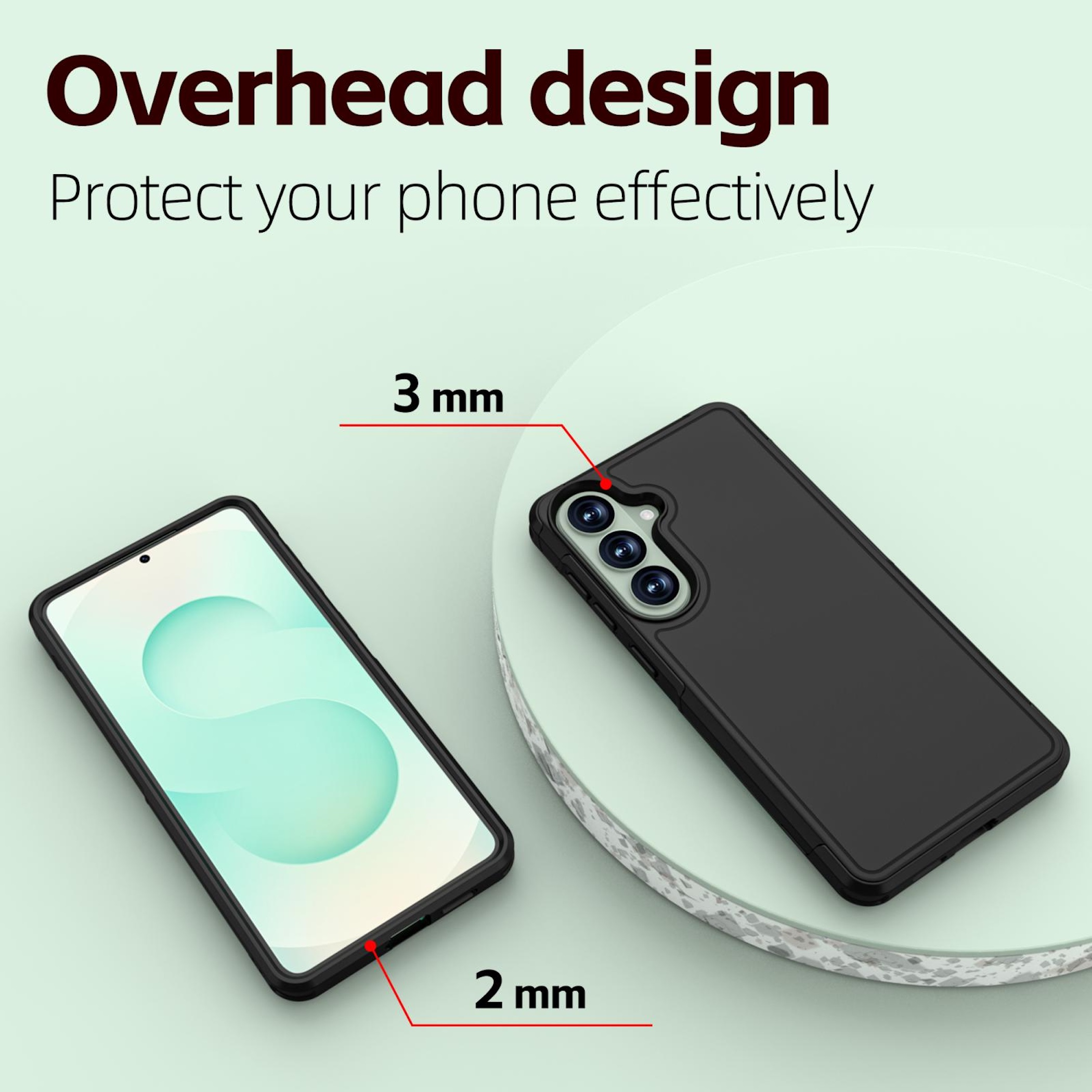 Ein schwarzes Handy mit Hülle, mit 3mm und 2mm Markierungen.