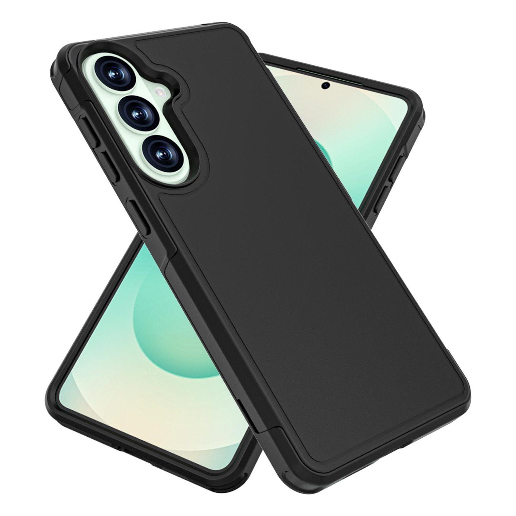 Schwarze Handyhülle mit drei Kameras, die sich über einem Handy mit hellem Bildschirm kreuzt.