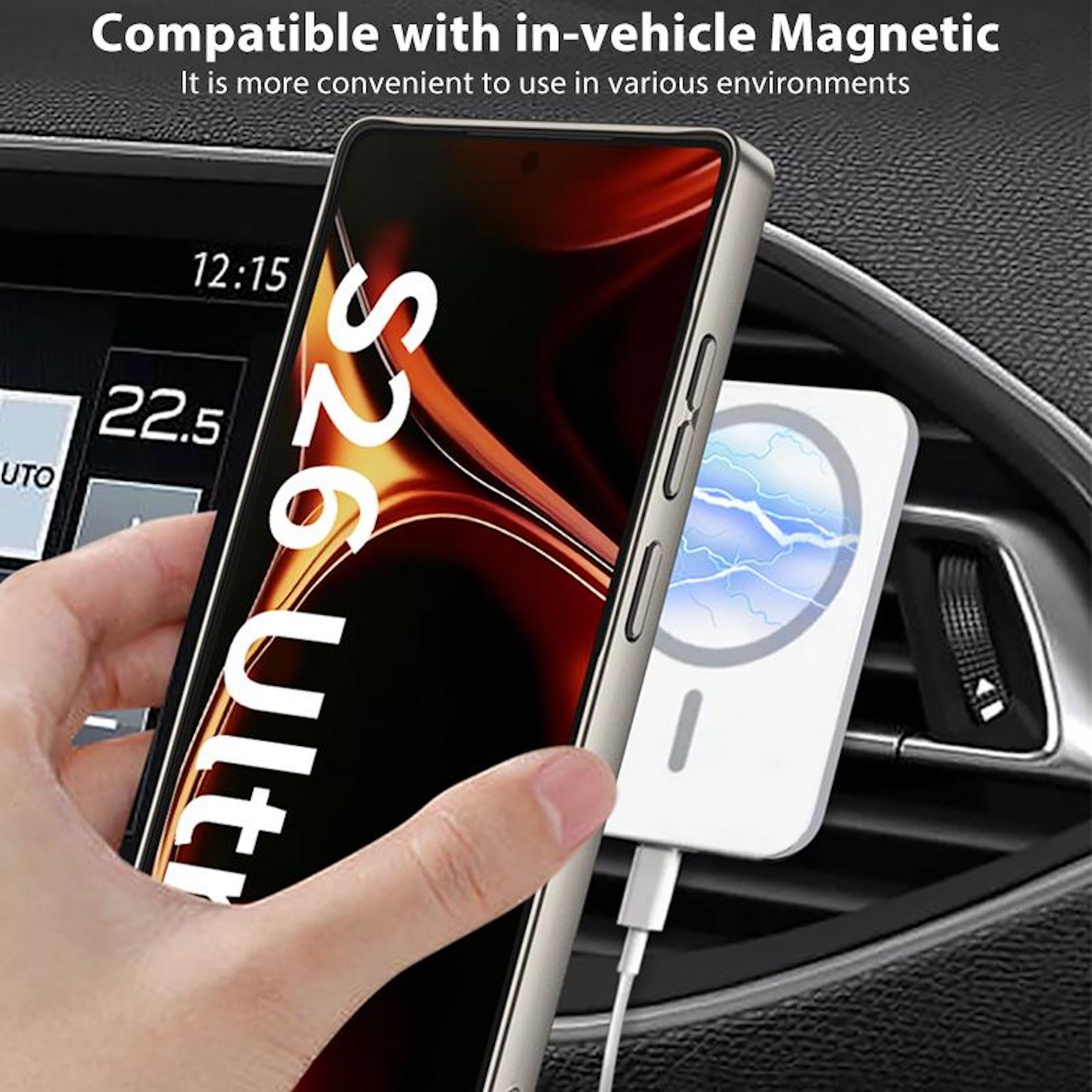 Ein Smartphone wird an ein weißes Ladekabel in einem Auto angeschlossen.