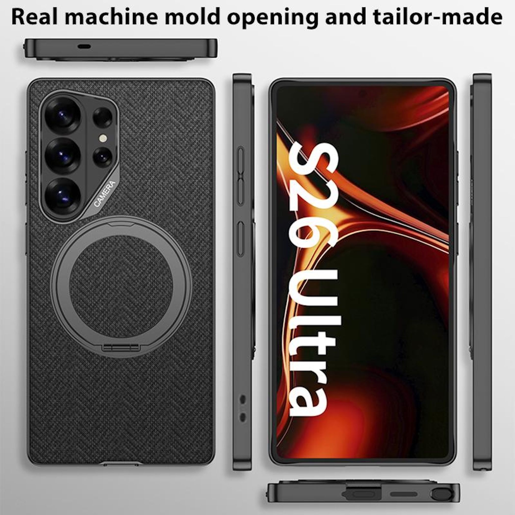 Schwarzes Handy mit Stofftextur, Kamera und MagSafe-Ring. "S26 Ultra" auf dem Bildschirm.