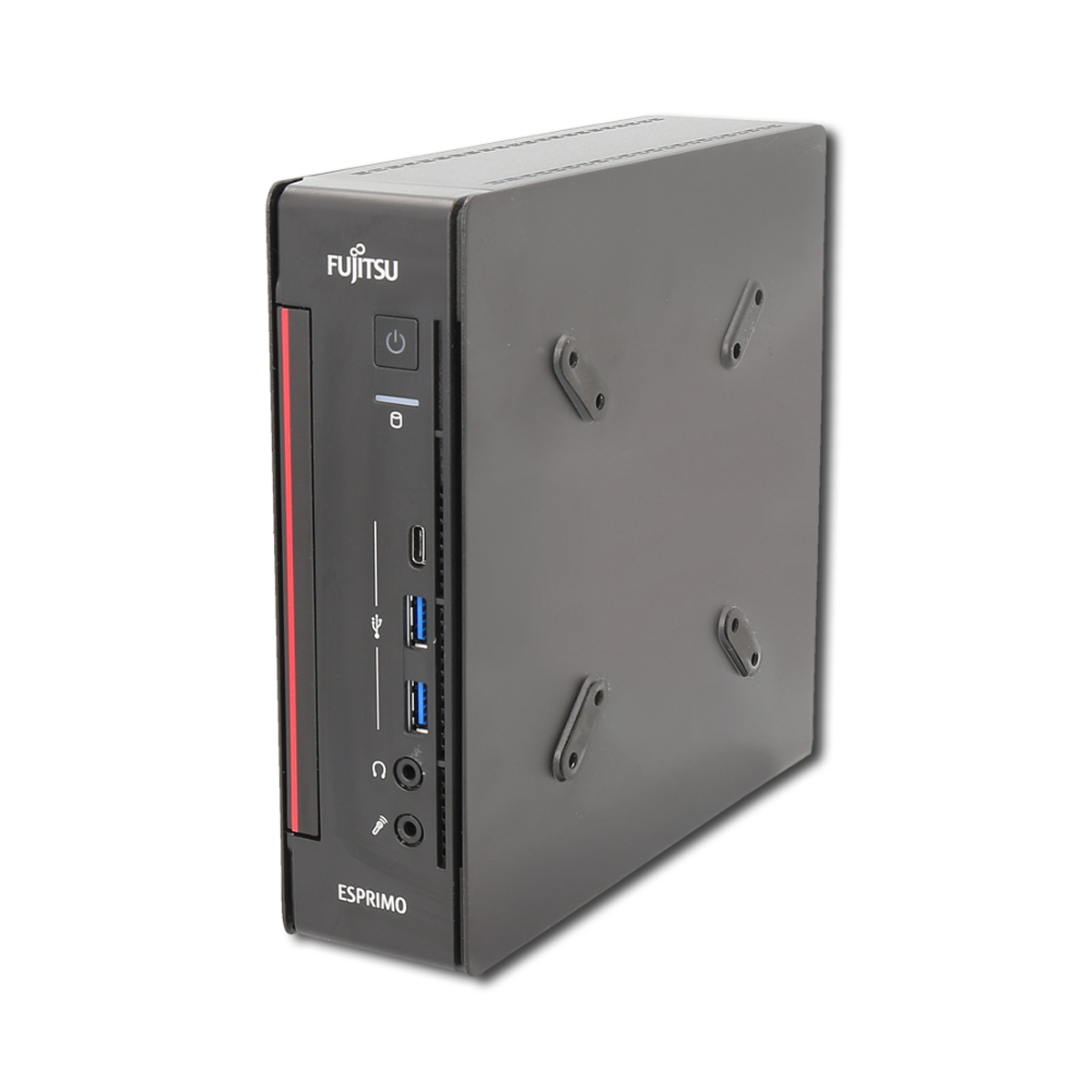 Ein schwarzer Fujitsu ESPRIMO Mini-PC mit Anschlüssen und einem Netzschalter.