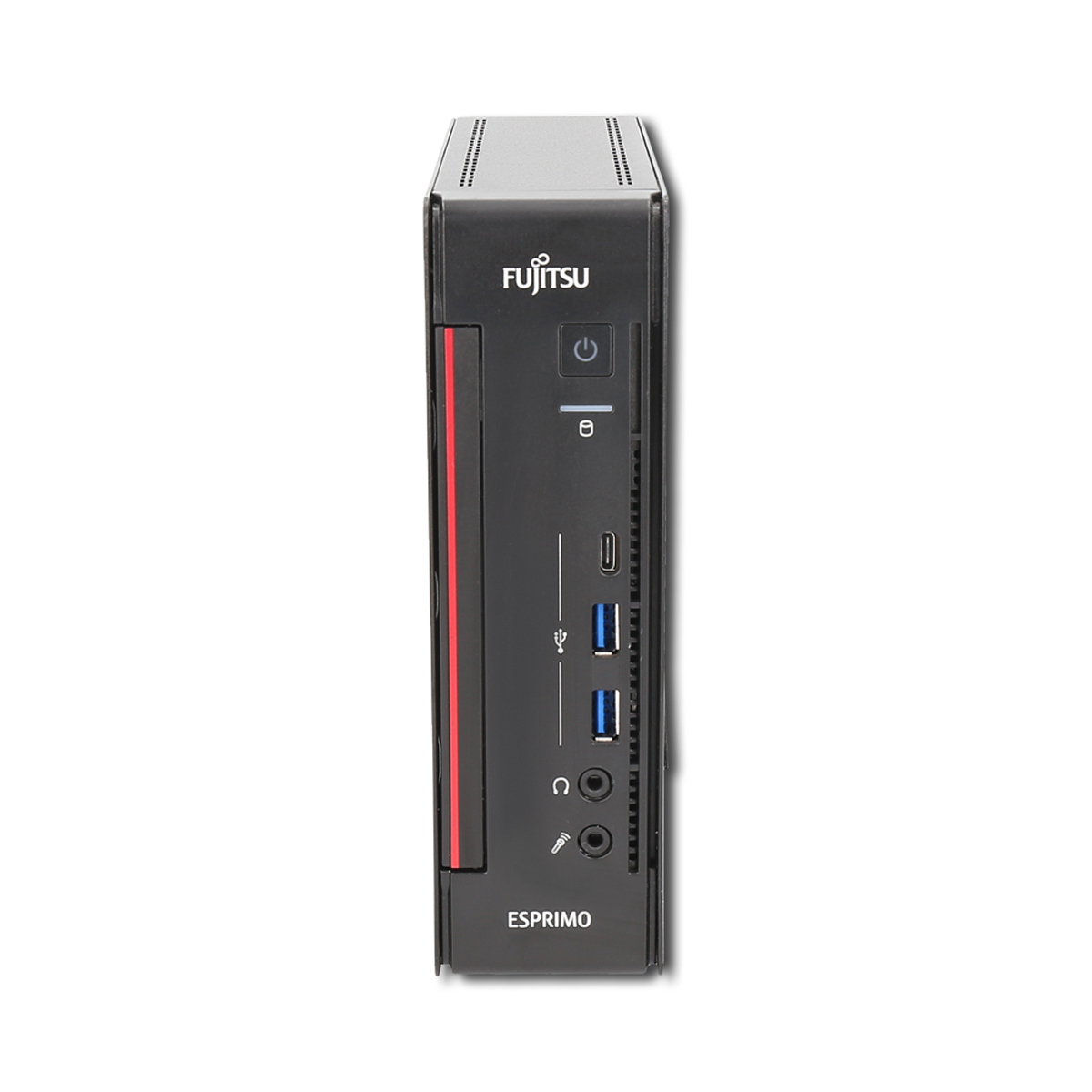 Schwarzer Fujitsu Esprimo PC mit USB-, Audio- und Netzschalter-Anschlüssen.