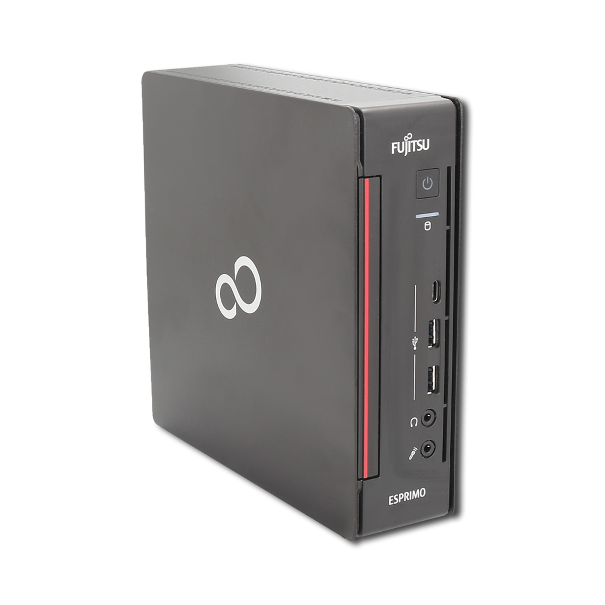 Schwarzer Fujitsu ESPRIMO Mini-PC mit silbernem Unendlichkeitszeichen und Anschlüssen.
