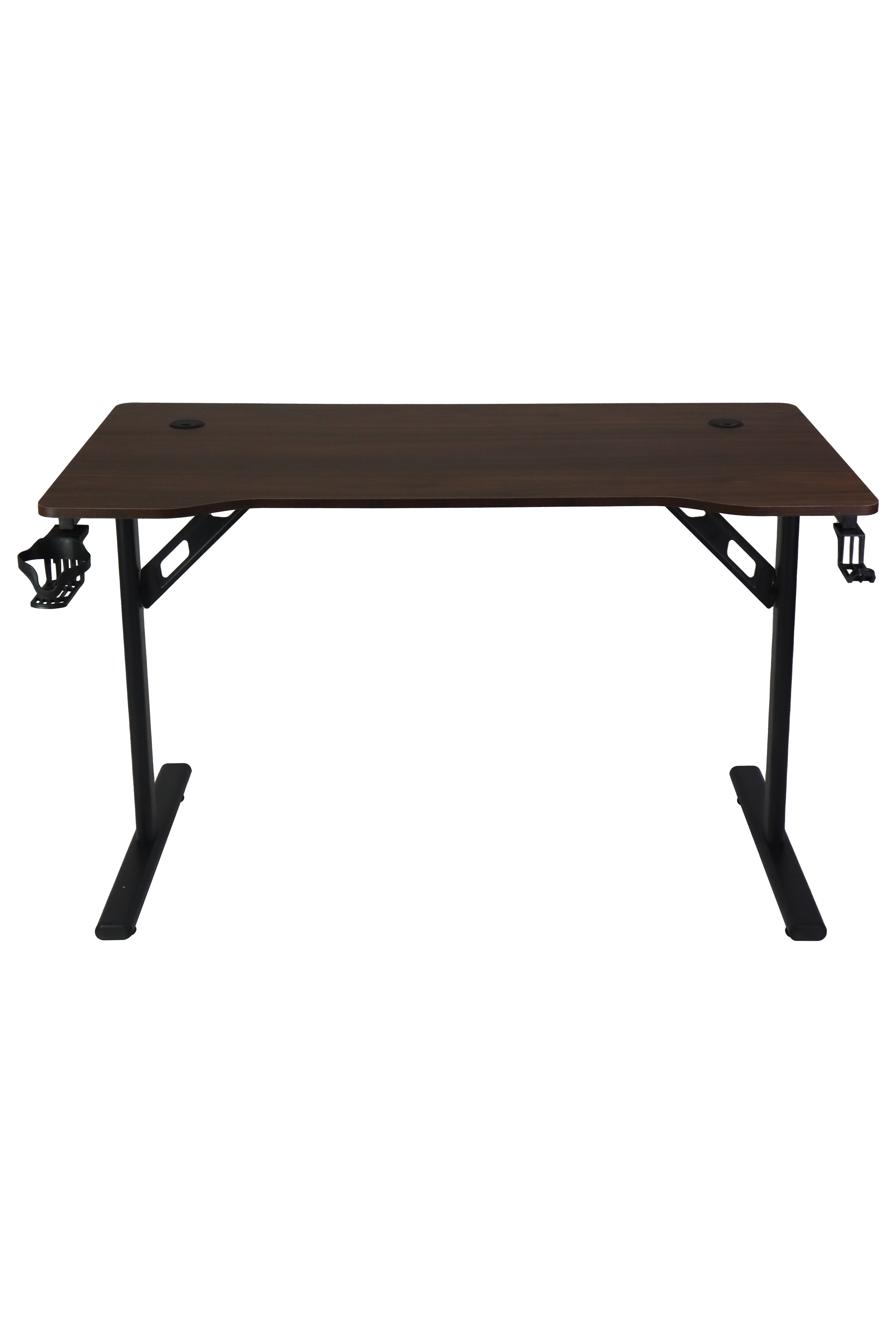 Ciemne drewniane biurko z czarnymi nogami i uchwytami na kubki.