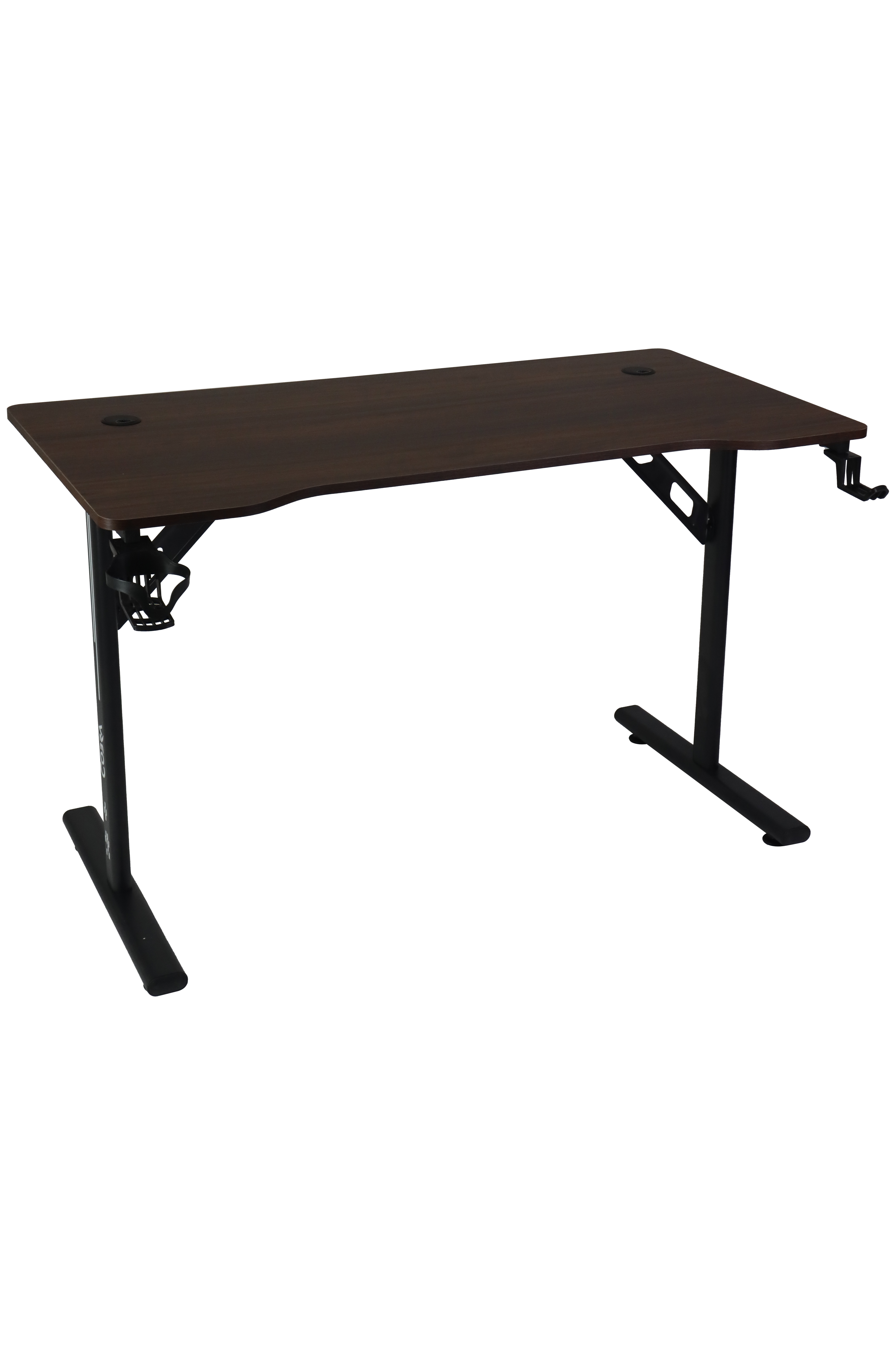 Ciemne drewniane biurko z czarnymi metalowymi nogami i haczykami.