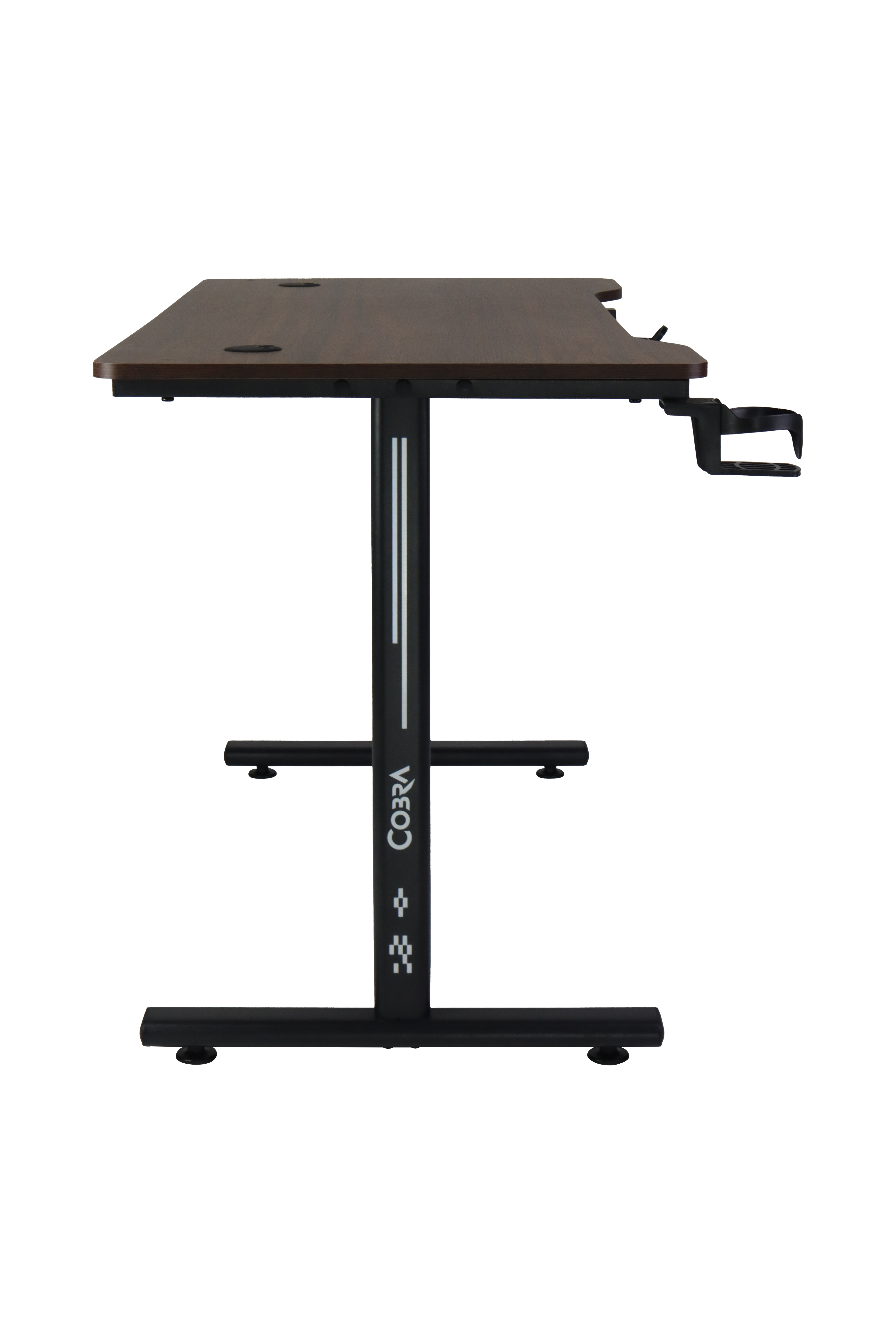 Ciemnobrązowe biurko z czarną metalową ramą, haczykiem na słuchawki i uchwytem na kubek.