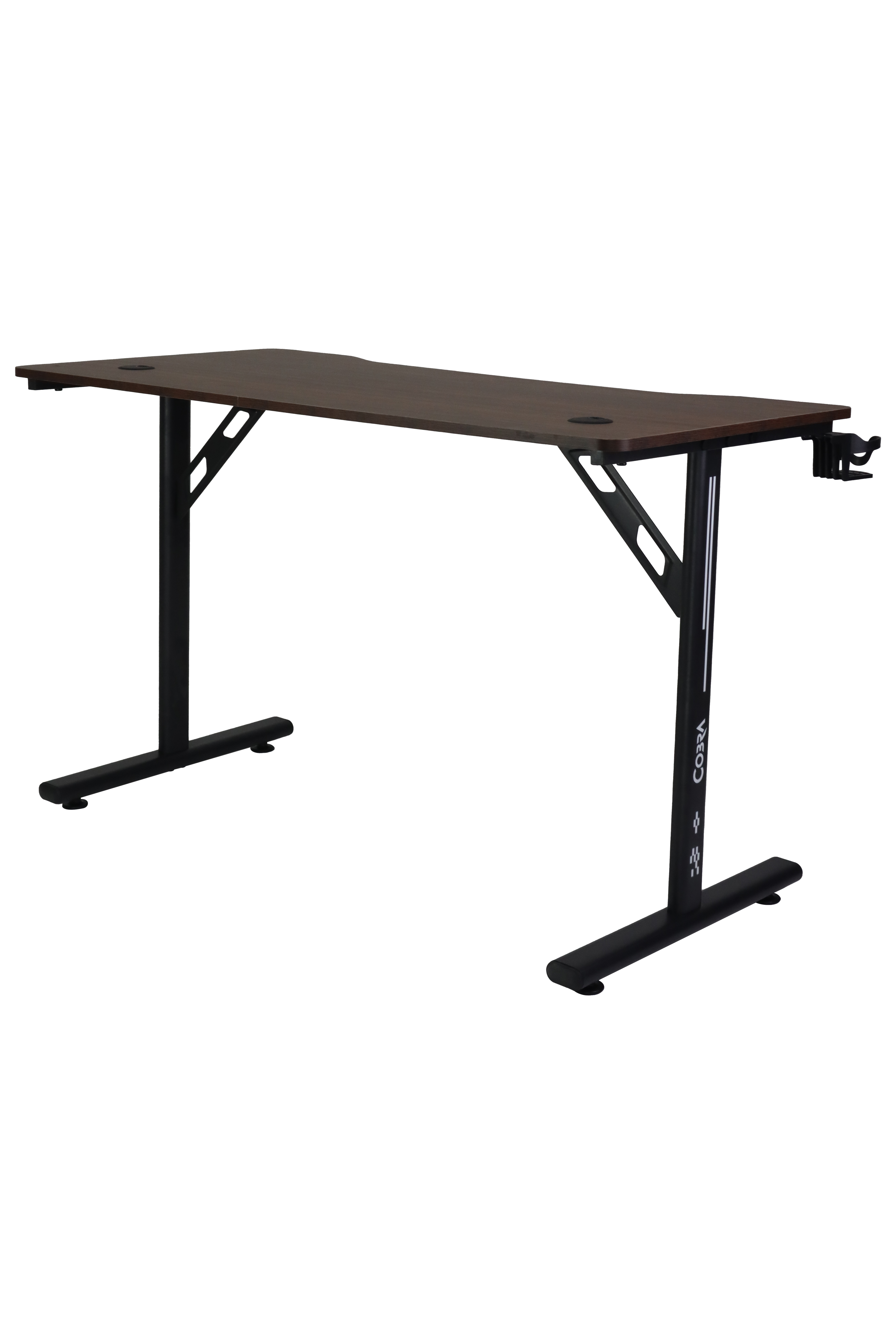 Ciemne drewniane biurko z czarnymi nogami i uchwytem na słuchawki.