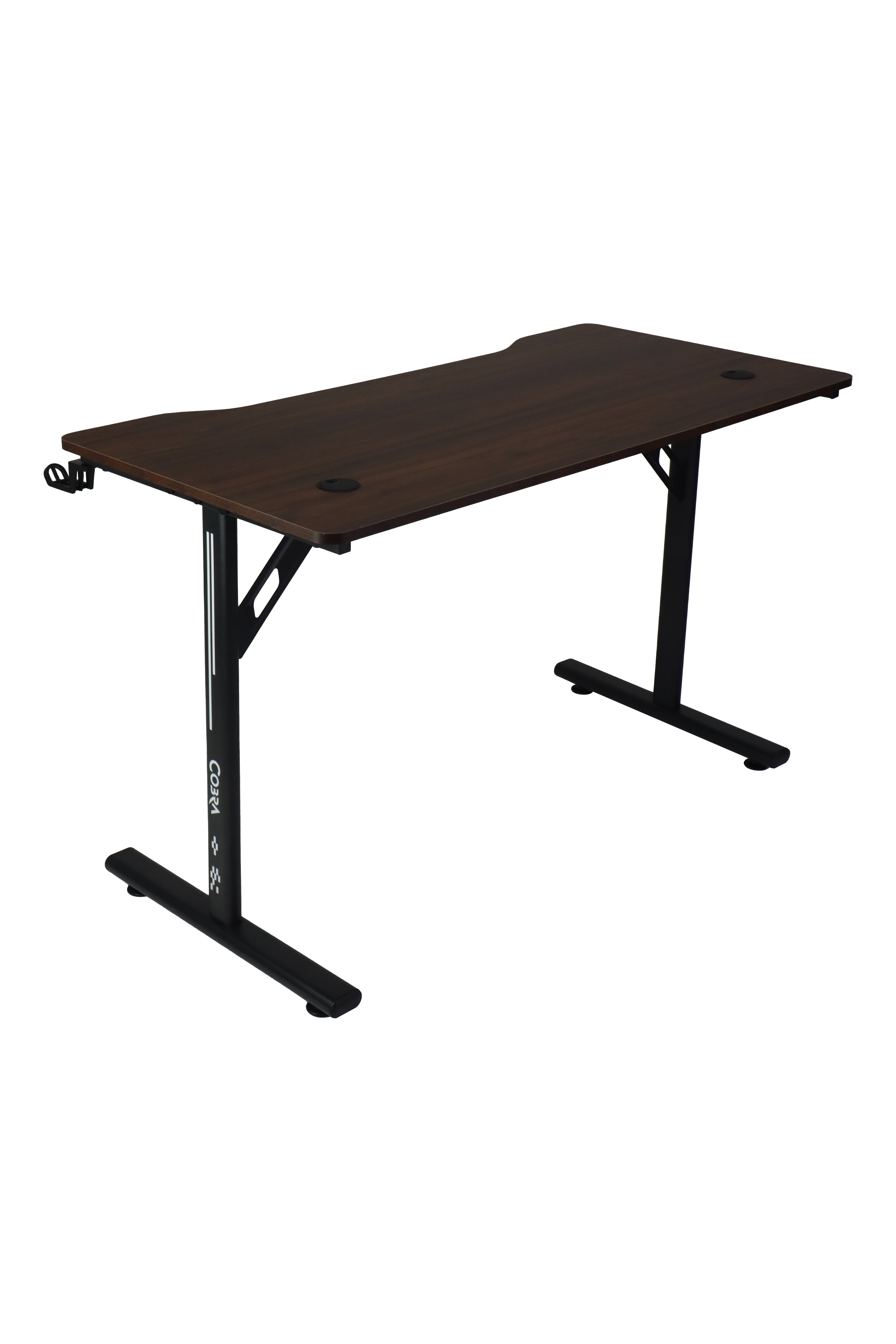 Mroczne drewniane biurko z czarnymi metalowymi nogami i przelotką kablową.