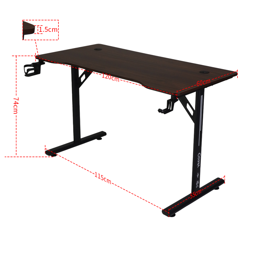 Ciemne drewniane biurko komputerowe z czarnymi metalowymi nogami i uchwytami.