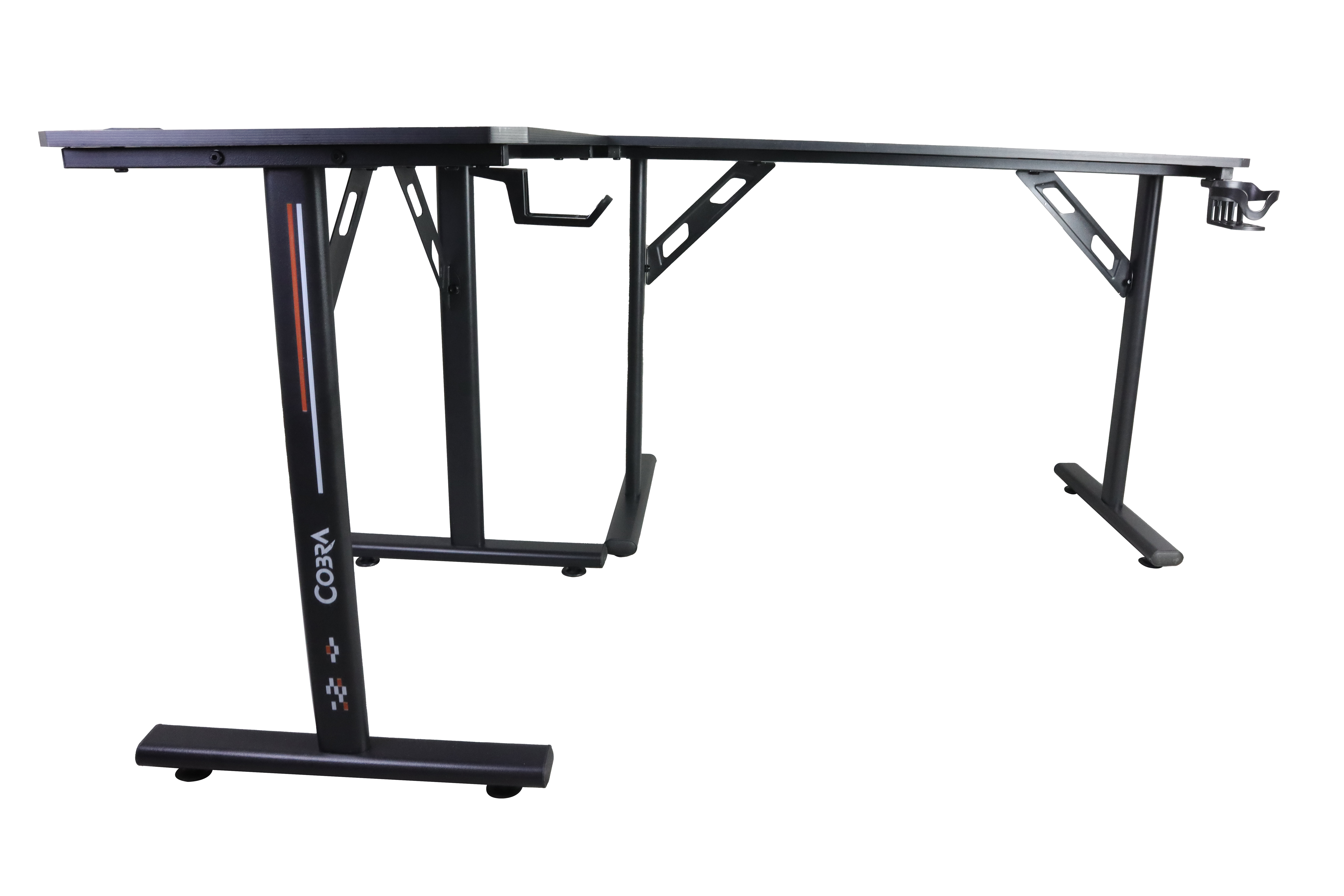 Czarny biurko z metalowymi nogami, hakami i uchwytem na kubek.