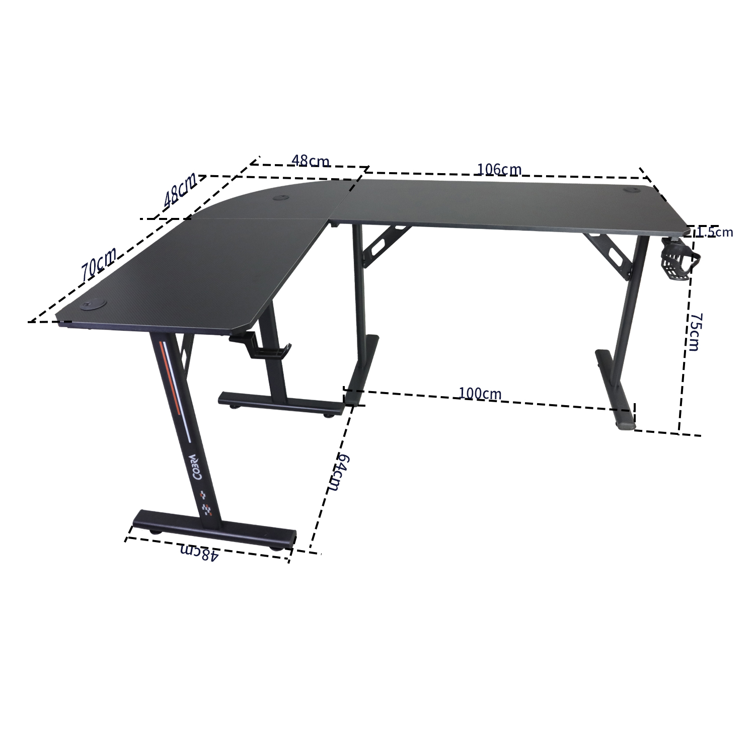 Czarny biurko w kształcie litery L z metalowymi nogami, podano wymiary.