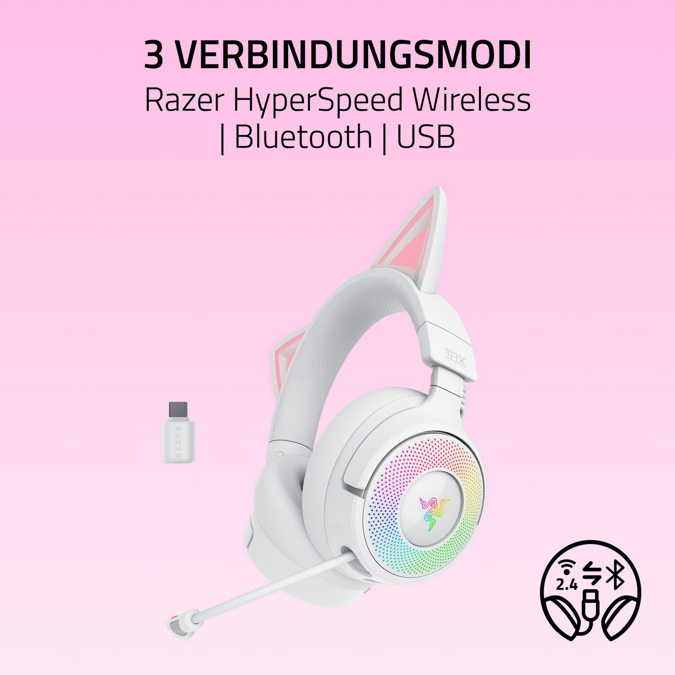 Białe słuchawki z kocimi uszami, klucz USB i ikony łączności.