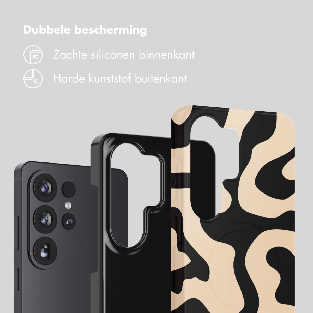 Trois coques de téléphone : une noire, une à motif beige et noir, une noire.
