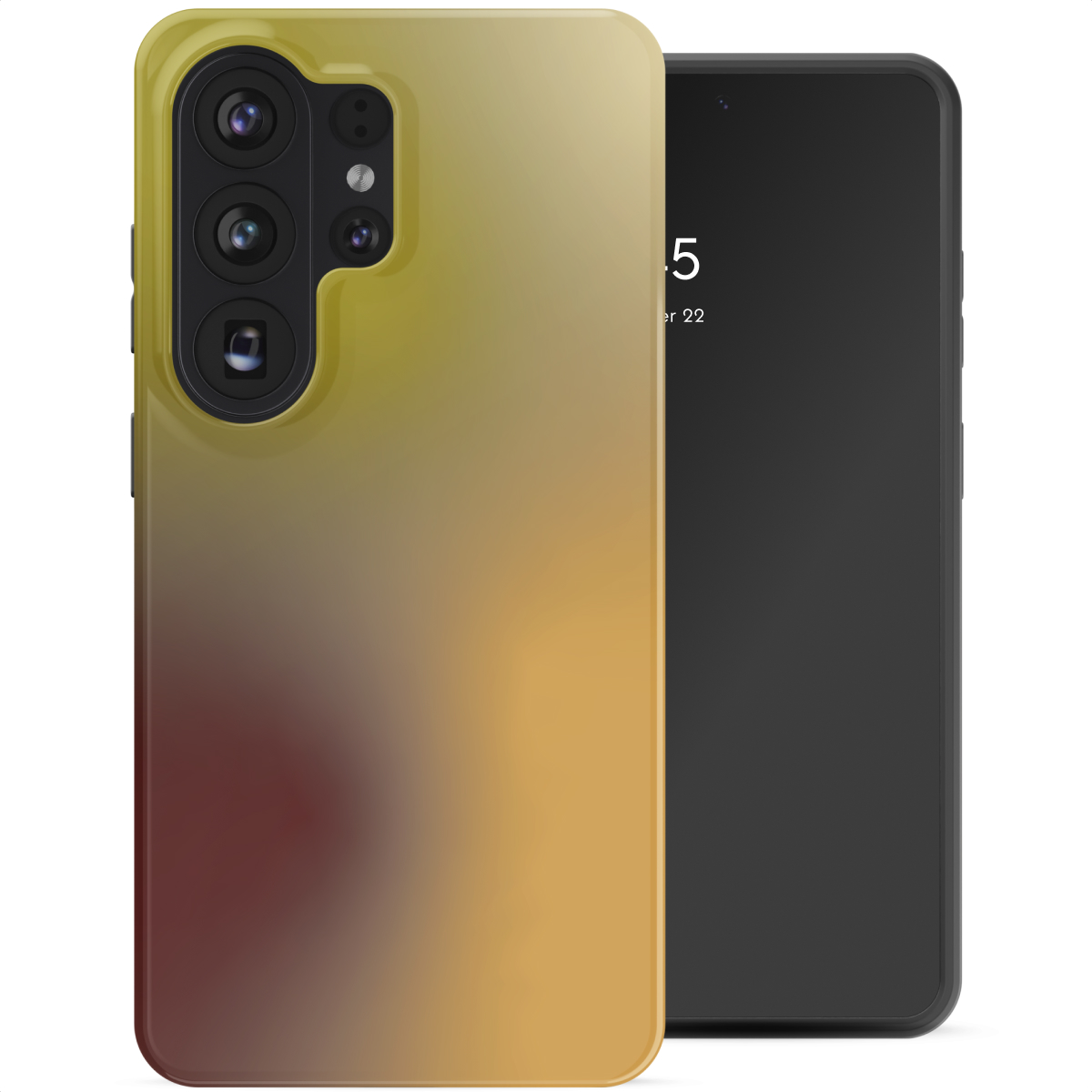 Un smartphone avec un étui dégradé et une unité de caméra à côté.