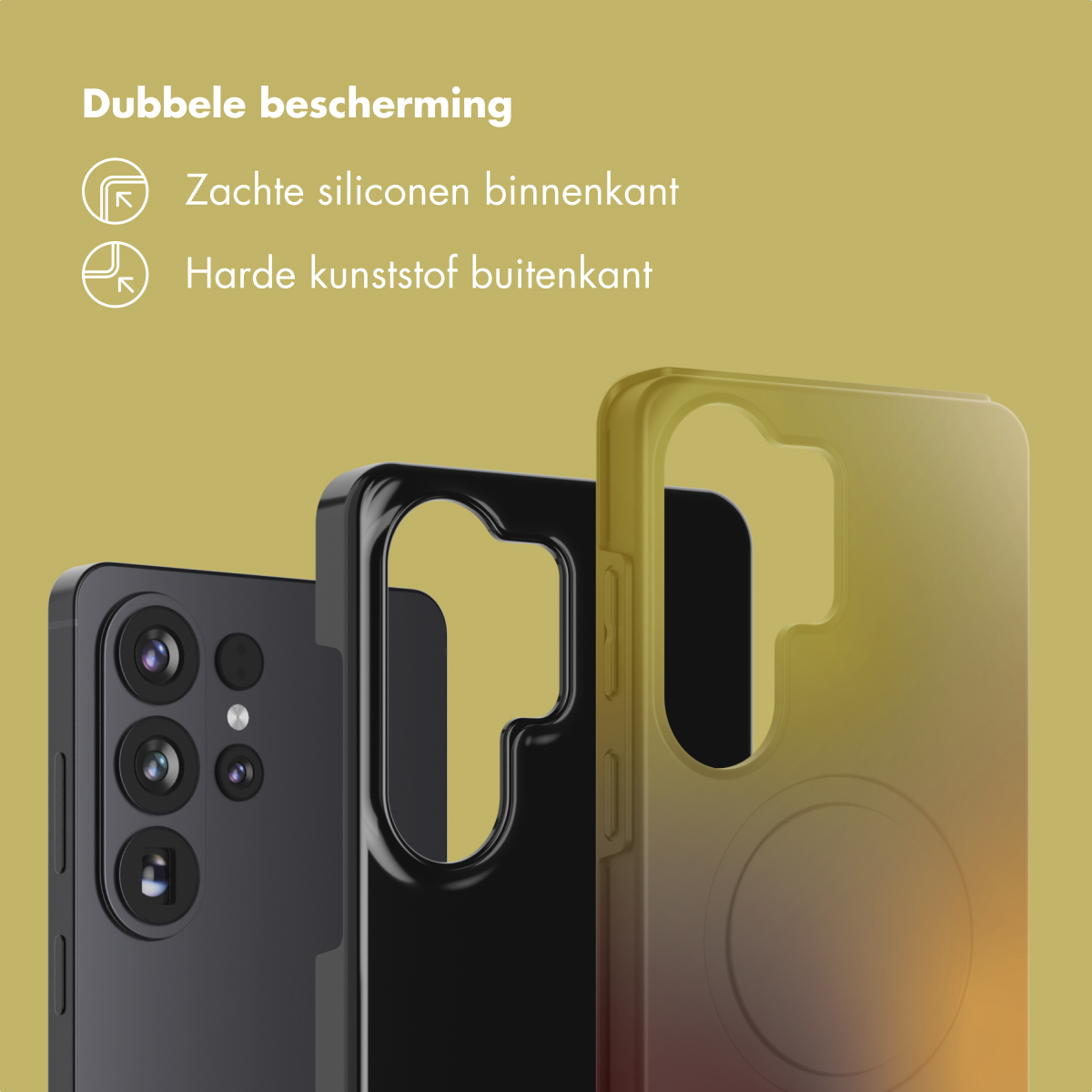 Trois coques de téléphone au premier plan : noire avec objectifs, noire et jaune-rouge.