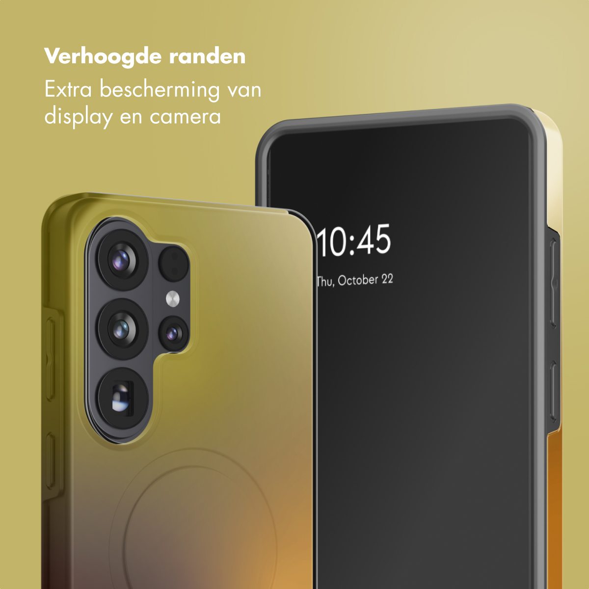 Un téléphone jaune avec un bloc de caméras et un écran sombre à côté.