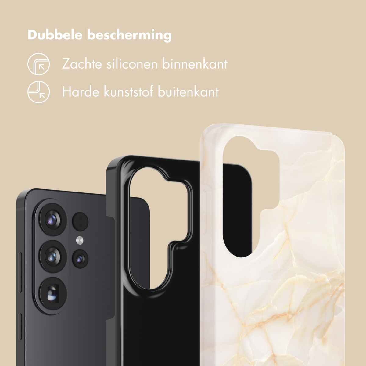 Trois coques de téléphone : noire, marbre blanc et un smartphone. Texte en néerlandais.