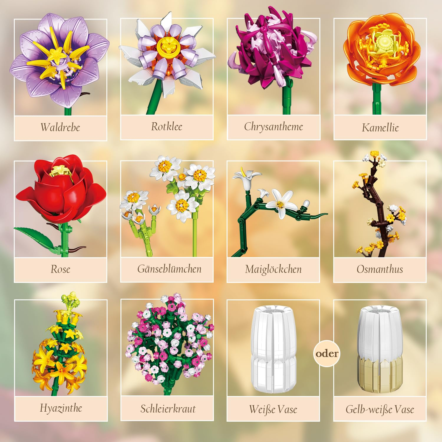 Zwölf Blumen- und Vasenmodelle aus Bausteinen.