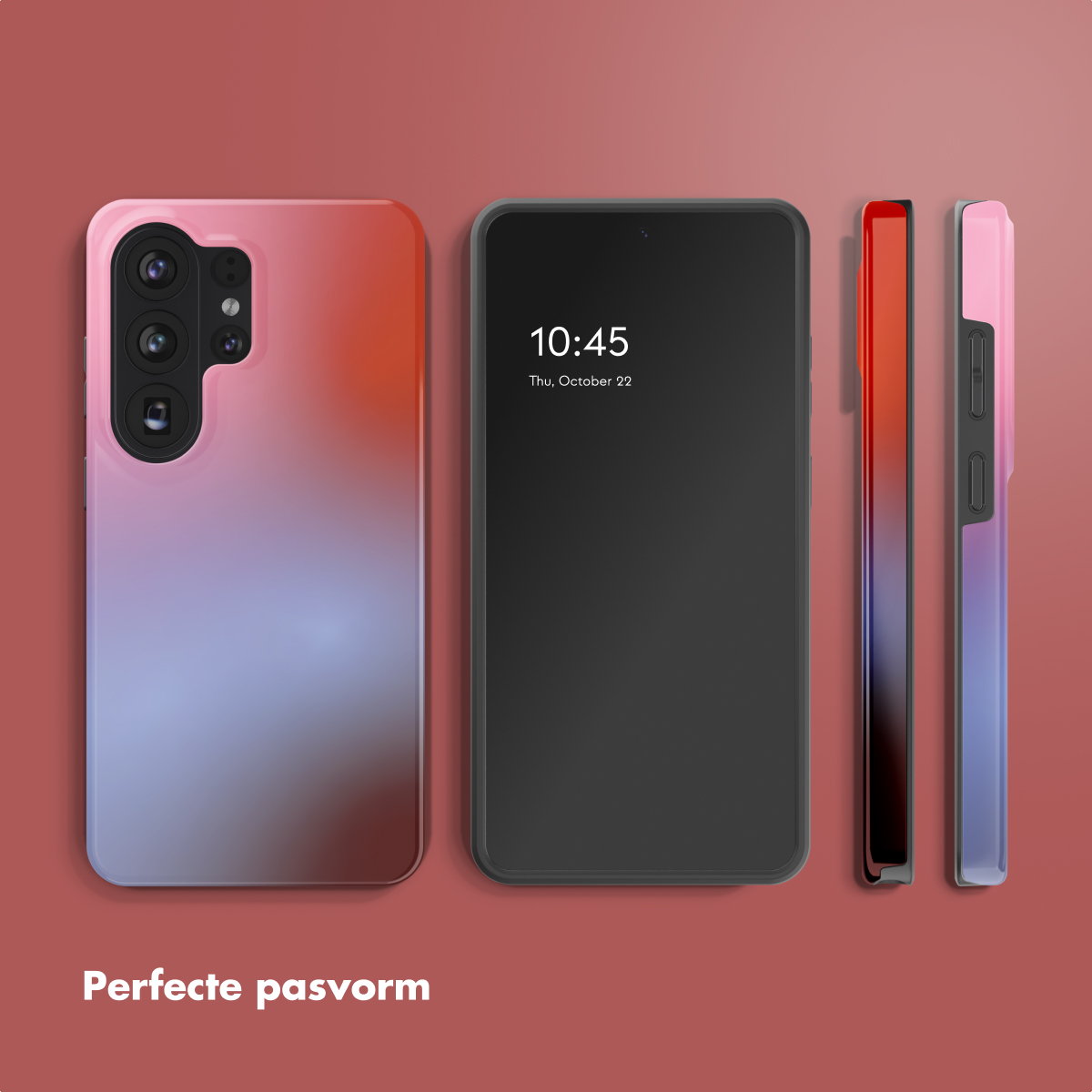 Une coque de téléphone dégradée, un smartphone et deux vues latérales.