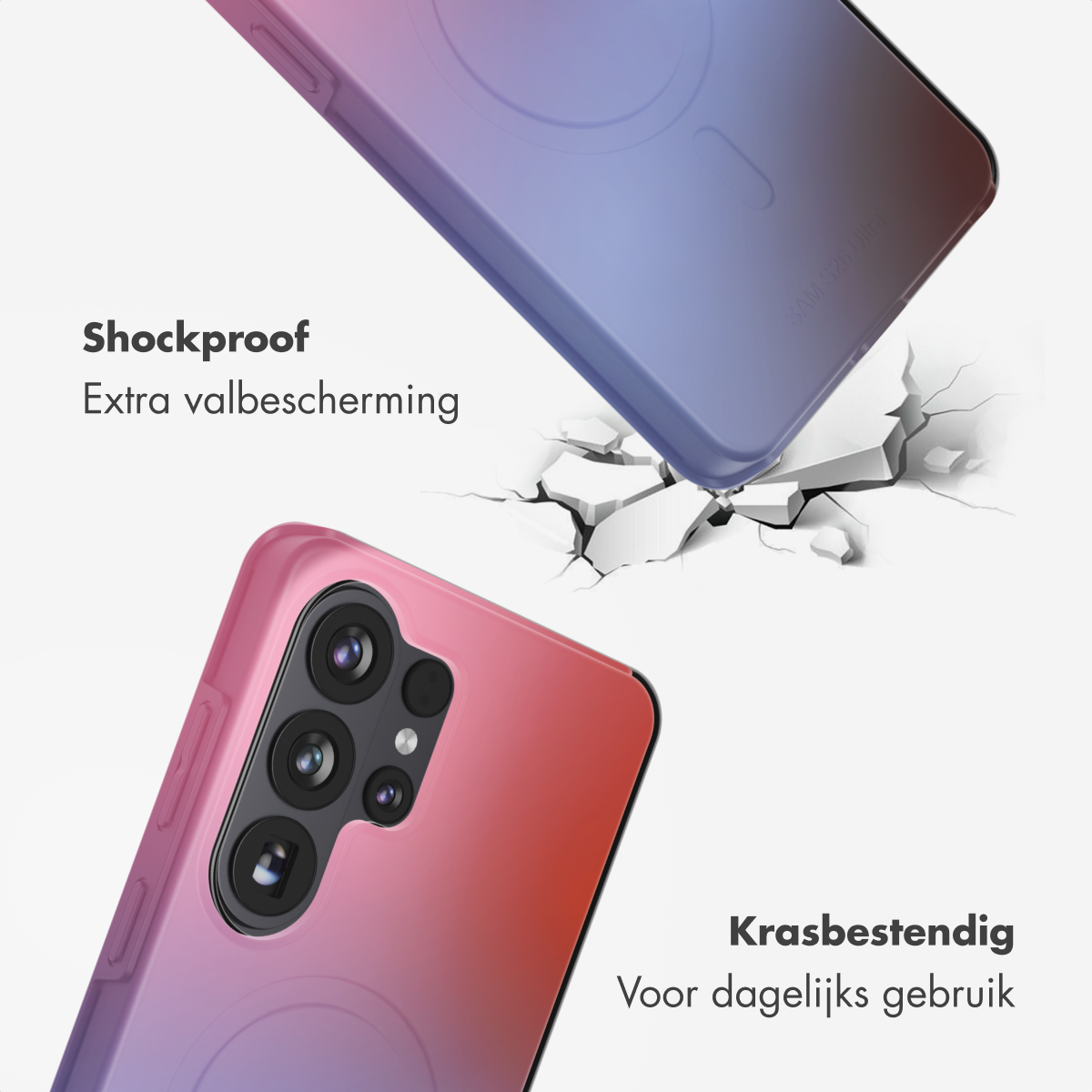 Deux coques de téléphone dégradées, l'une tombe et brise une surface.