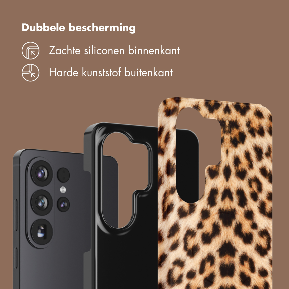Un téléphone noir avec une coque léopard et texte sur double protection.